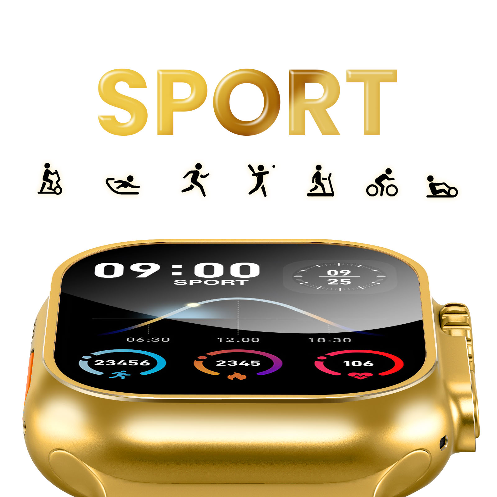 Goldene Smartwatch mit Sport-Symbolen darüber. Das Zifferblatt zeigt Zeit, Datum und Aktivitätsmetriken an.