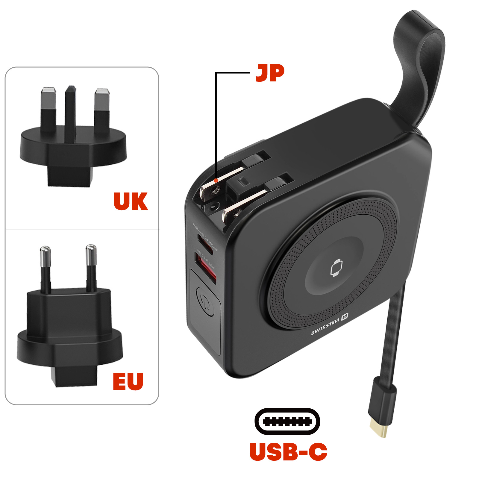 Adaptador de viaje negro con enchufes UK, EU, JP, USB-C y carga inalámbrica. Etiquetas: UK, EU, JP, USB-C y Swisssten.