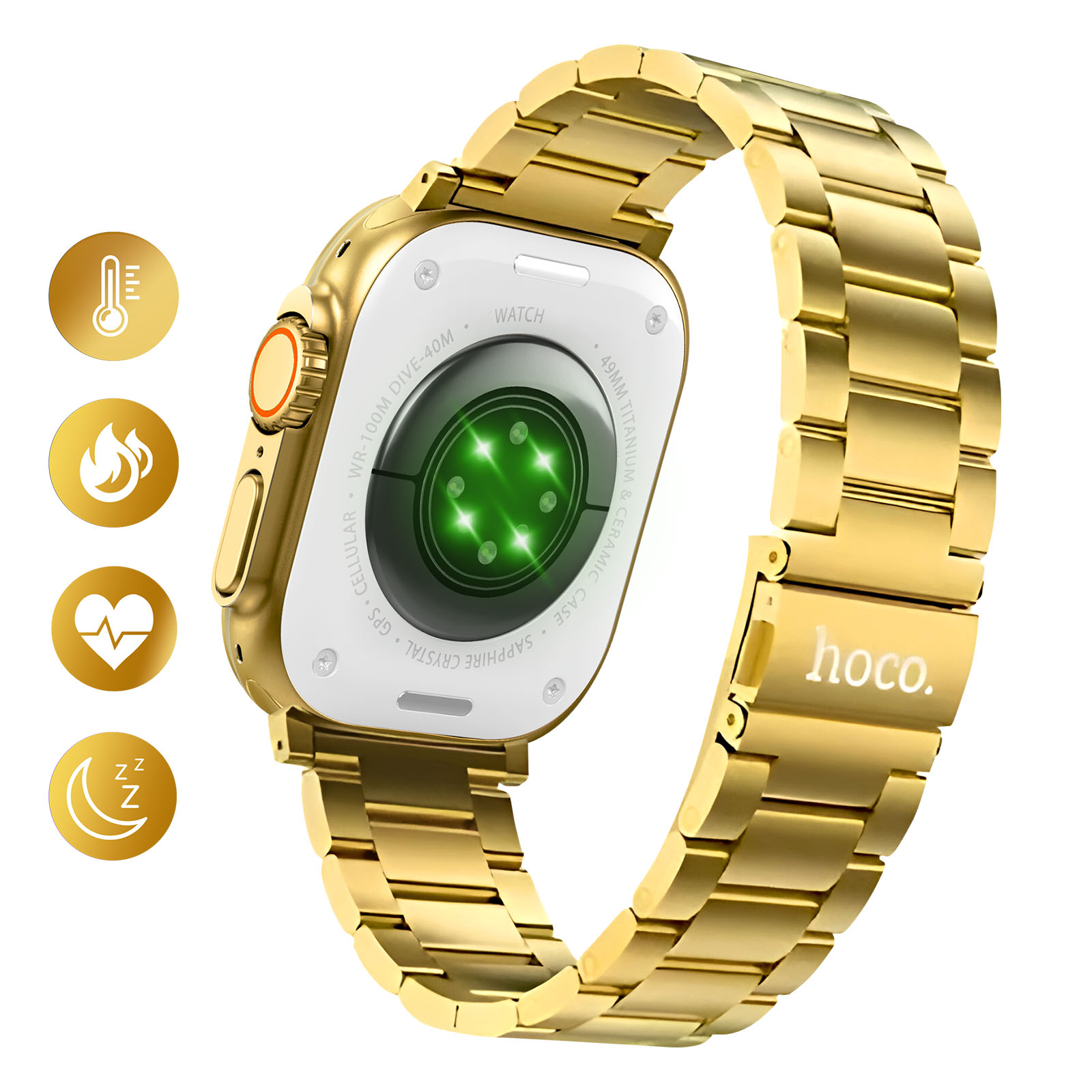 Goldene Smartwatch mit passendem Armband, die Uhr hat ein weißes Zifferblatt und Gesundheitssymbole. Der Markenname ist auf dem Band zu sehen.