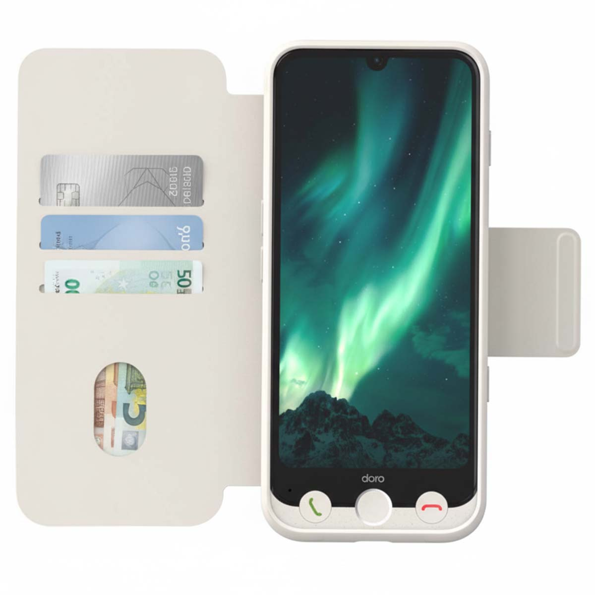 Weißes Handy-Case mit Handy, das Nordlichter zeigt. Karten und Geld sind im Case. Das Handy hat eine Home-Taste und Anruftasten.