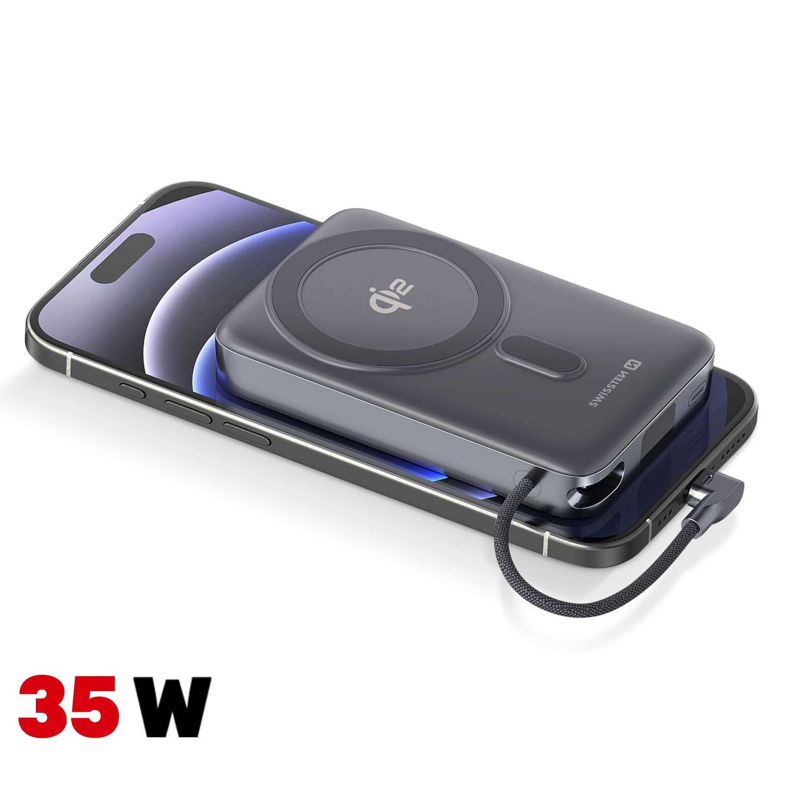 Ein Telefon mit einem Ladegerät. Das Ladegerät ist grau und mit einem Kabel mit dem Telefon verbunden. Die Zahl 35W ist unten.