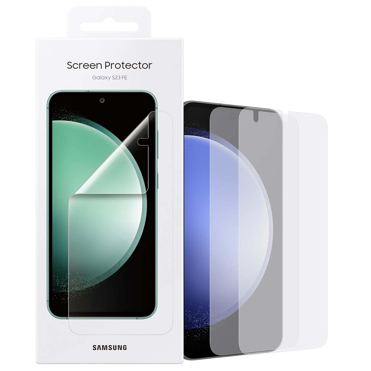 Una scatola di protezione schermo per Galaxy S23 FE. Vengono mostrati un telefono e protezioni schermo. Il logo Samsung è in basso.