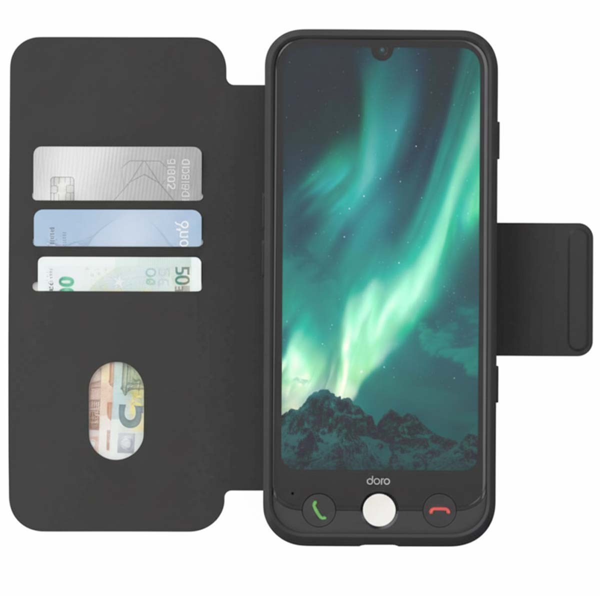 Schwarze Handyhülle mit einem Handy, das Nordlichter zeigt. Kreditkarten und Bargeld sind im Etui sichtbar.