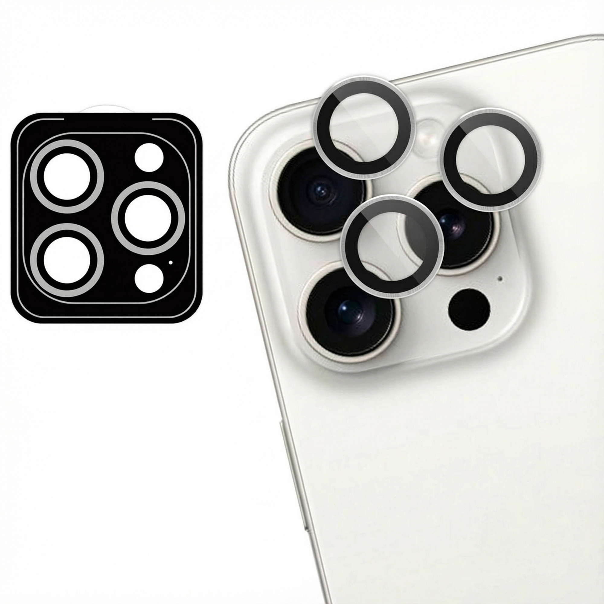 Un téléphone avec des protecteurs d'objectif de caméra. Un cache carré noir est à côté du téléphone, avec des cercles de différentes tailles.