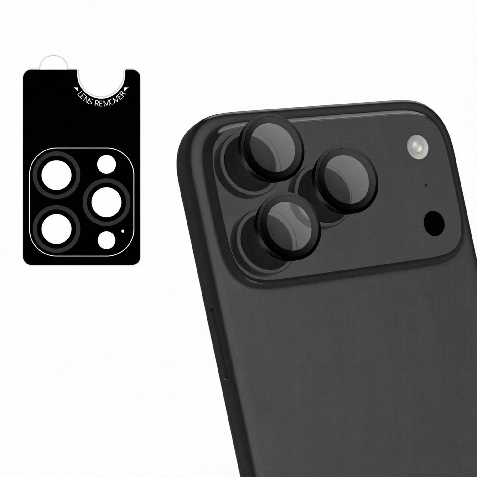 Zwarte iPhone met lensbeschermer en verwijdergereedschap. De telefoon heeft cameralenzen. Gereedschap leest 'Lens Remover'.