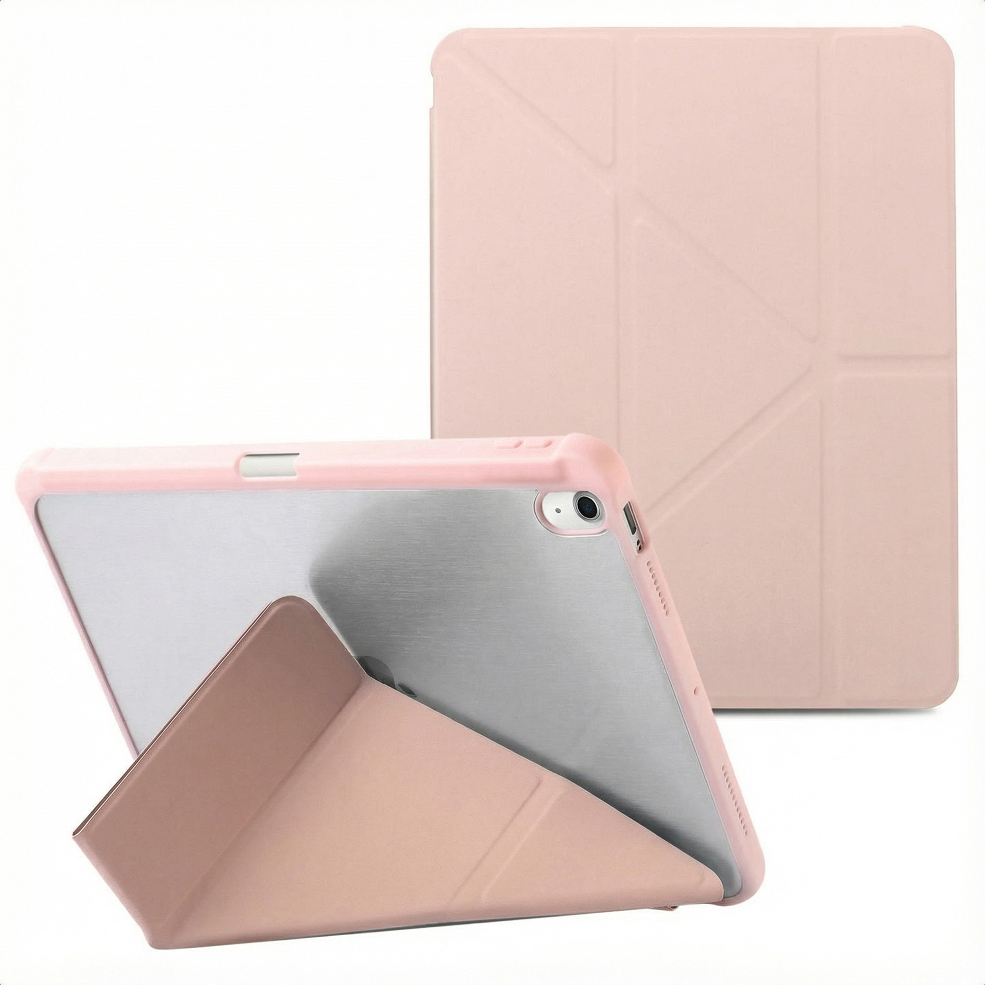 Housse de tablette rose avec un iPad. Un étui est ouvert comme support. Un autre est fermé. Les deux sur fond blanc.