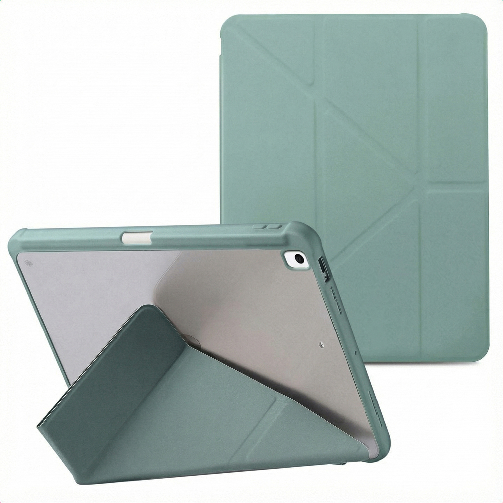 Un iPad dans un étui vert clair, calé. Un autre étui est debout derrière.