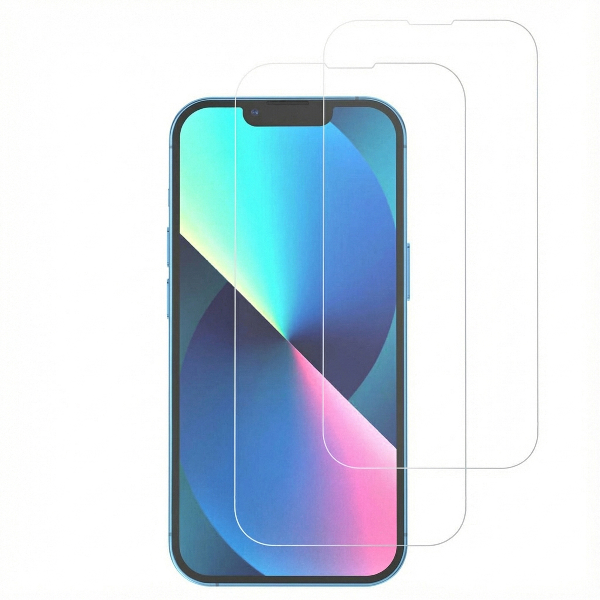 Un iPhone bleu avec protecteur d'écran. L'écran affiche un dégradé coloré. Deux protecteurs d'écran transparents sont dans le cadre.