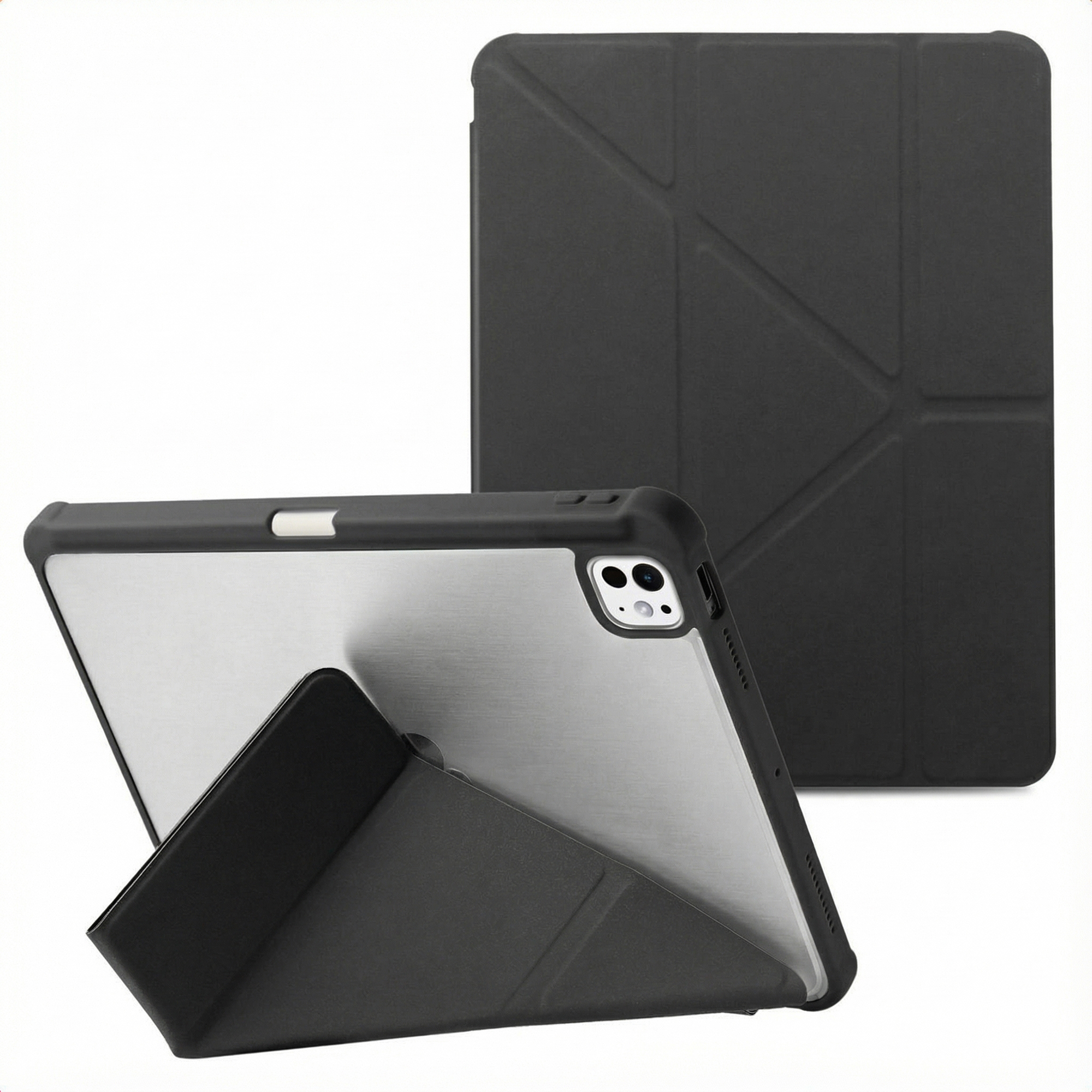 Zwarte tablethoes met standaard. Eén hoes open, de andere dicht. Zilveren tablet achterkant.