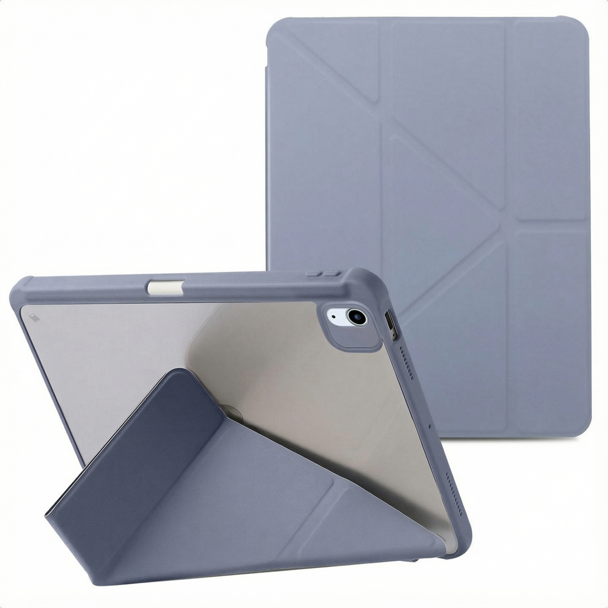 A gray tablet case with a tablet inside is propped up. Another case is upright behind it.