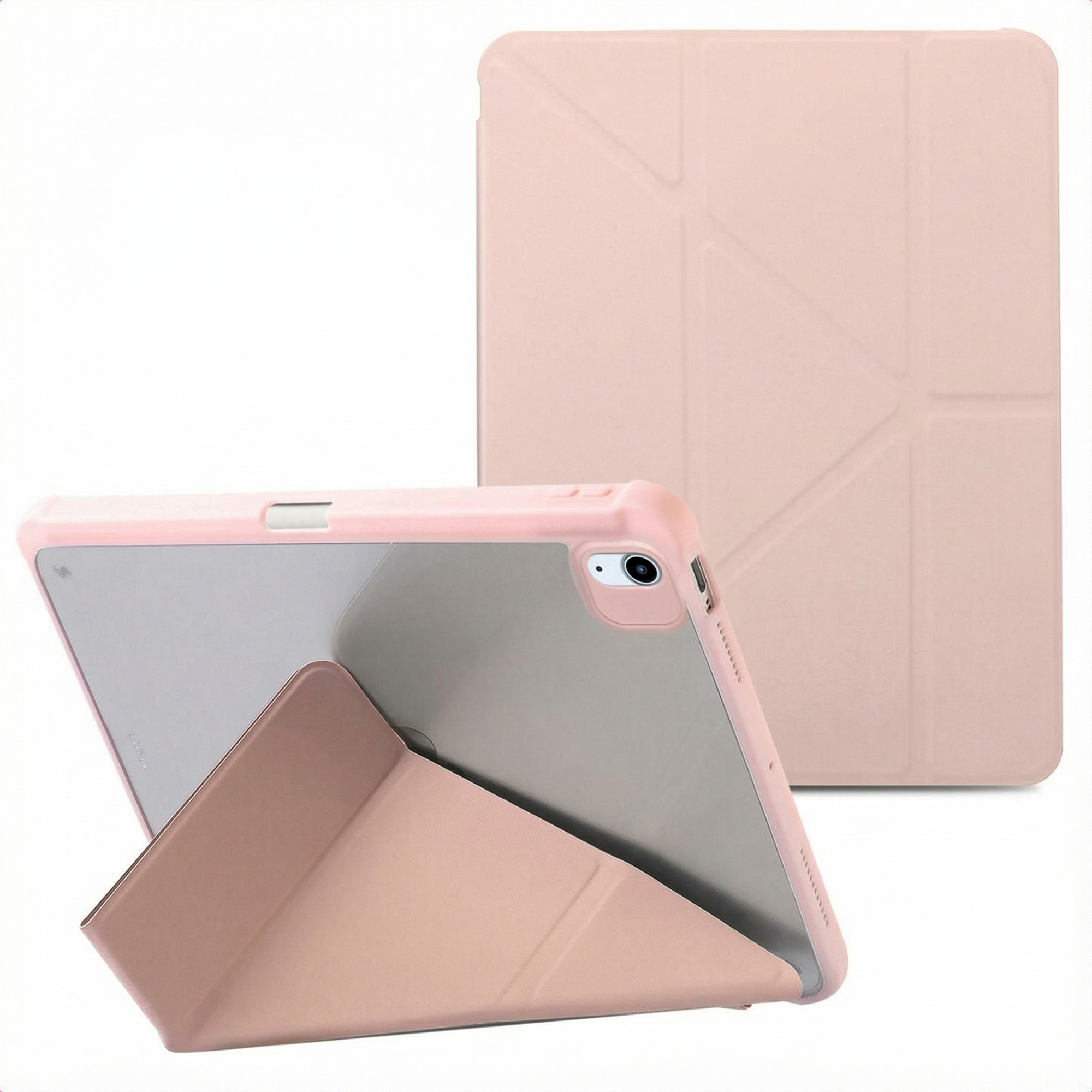 Pink iPad case with a stand. Another case is behind it. Both are on a white surface.