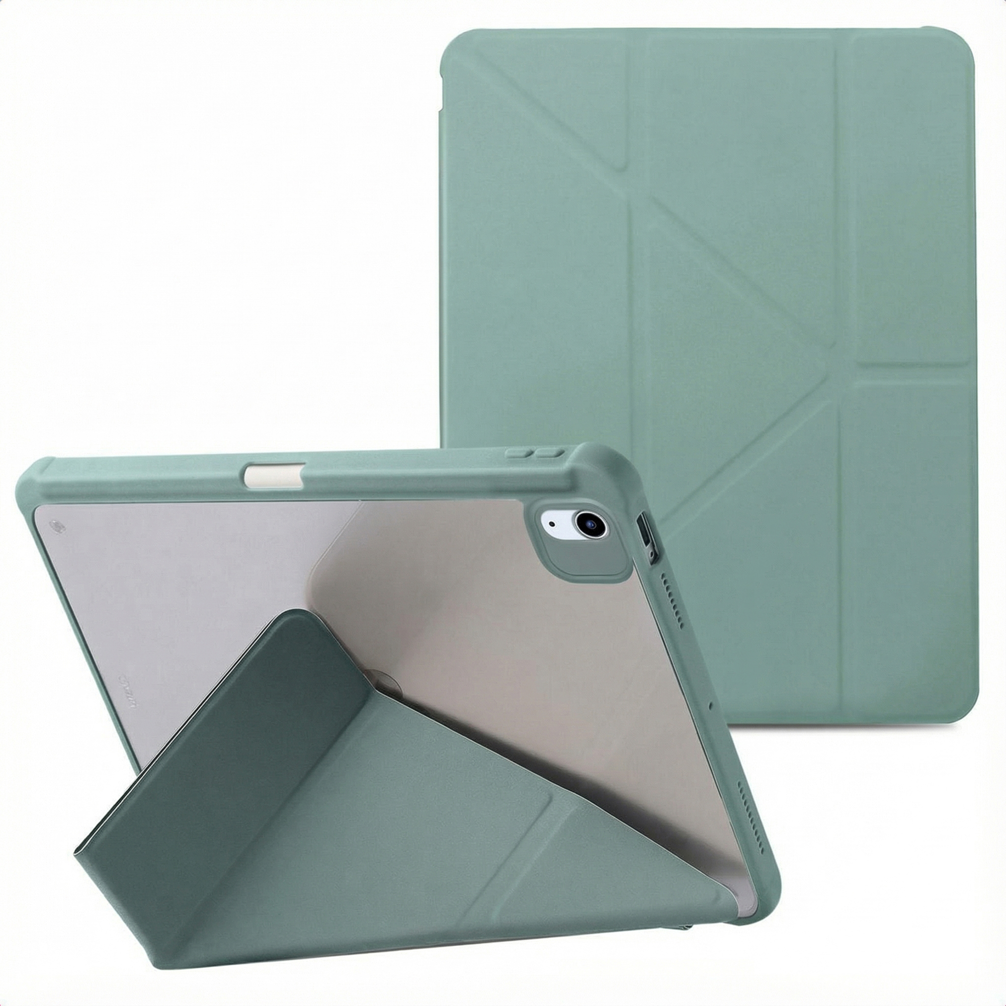 Een mintgroene tablethoes met een tablet erin. De hoes is open en fungeert als standaard. Er staat nog een hoes achter.