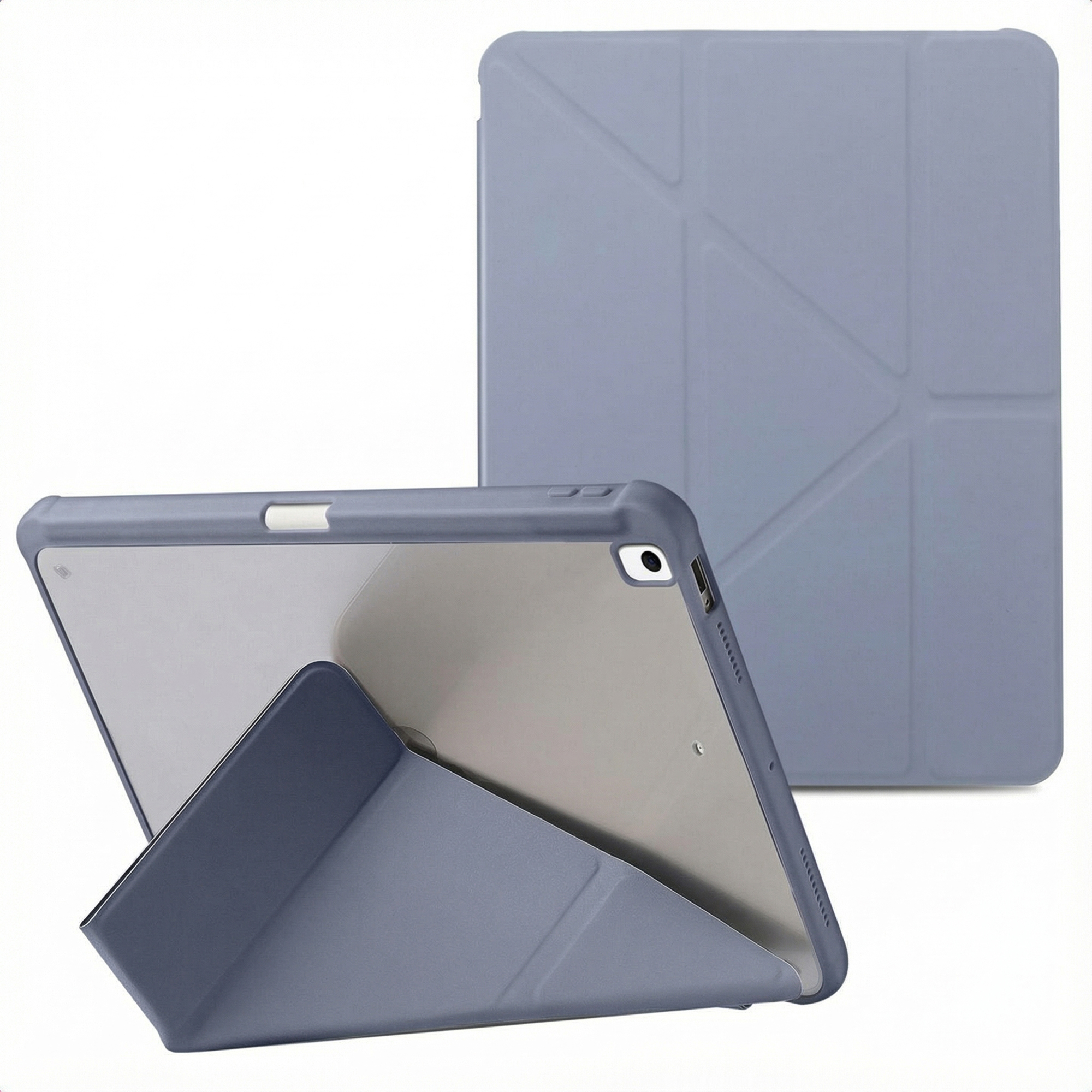 Une tablette dans un étui bleu, une ouverte et soutenue, l'autre fermée. Fond blanc.