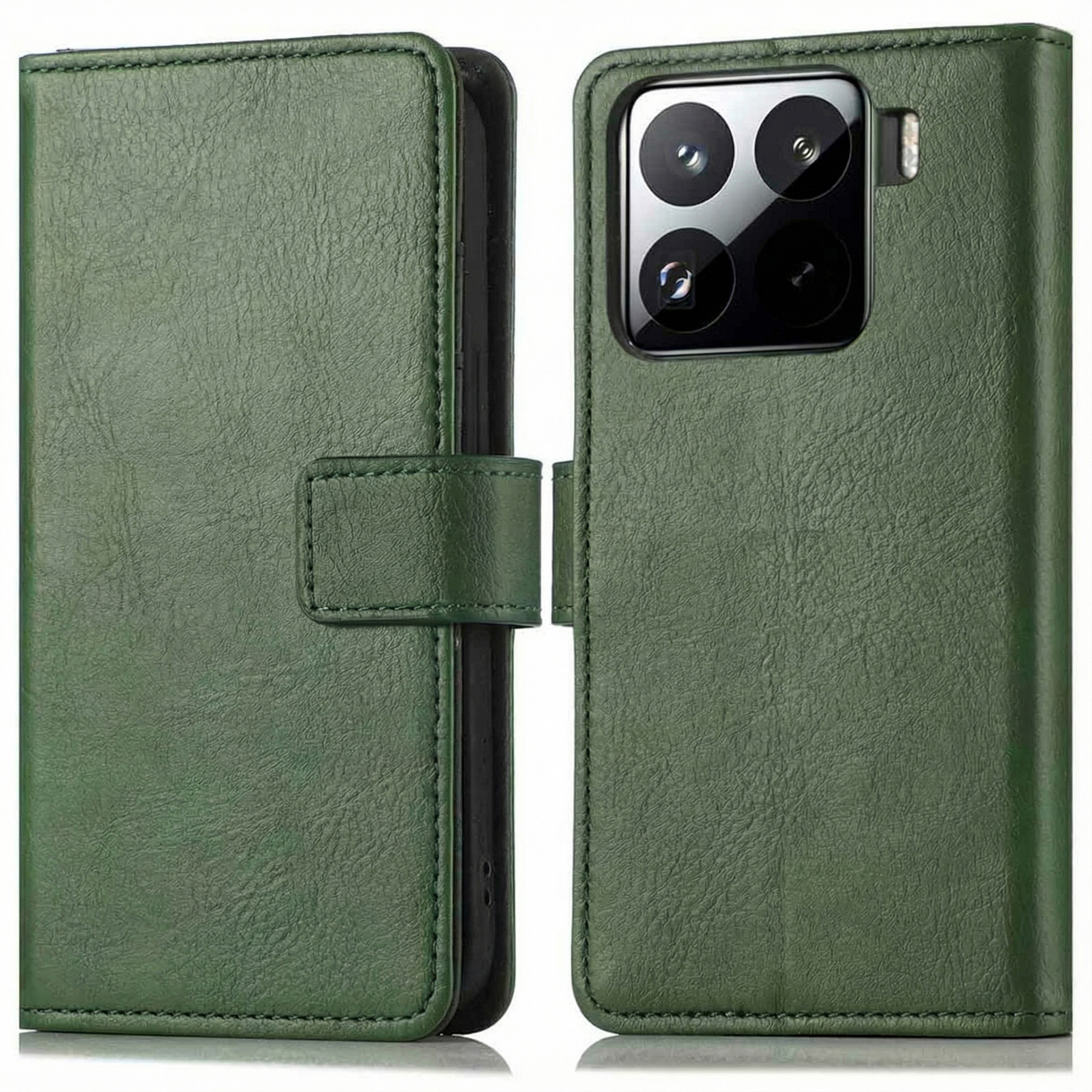 Étui de téléphone en cuir vert, ouvert. Montre la caméra du téléphone. Fermeture à bouton.