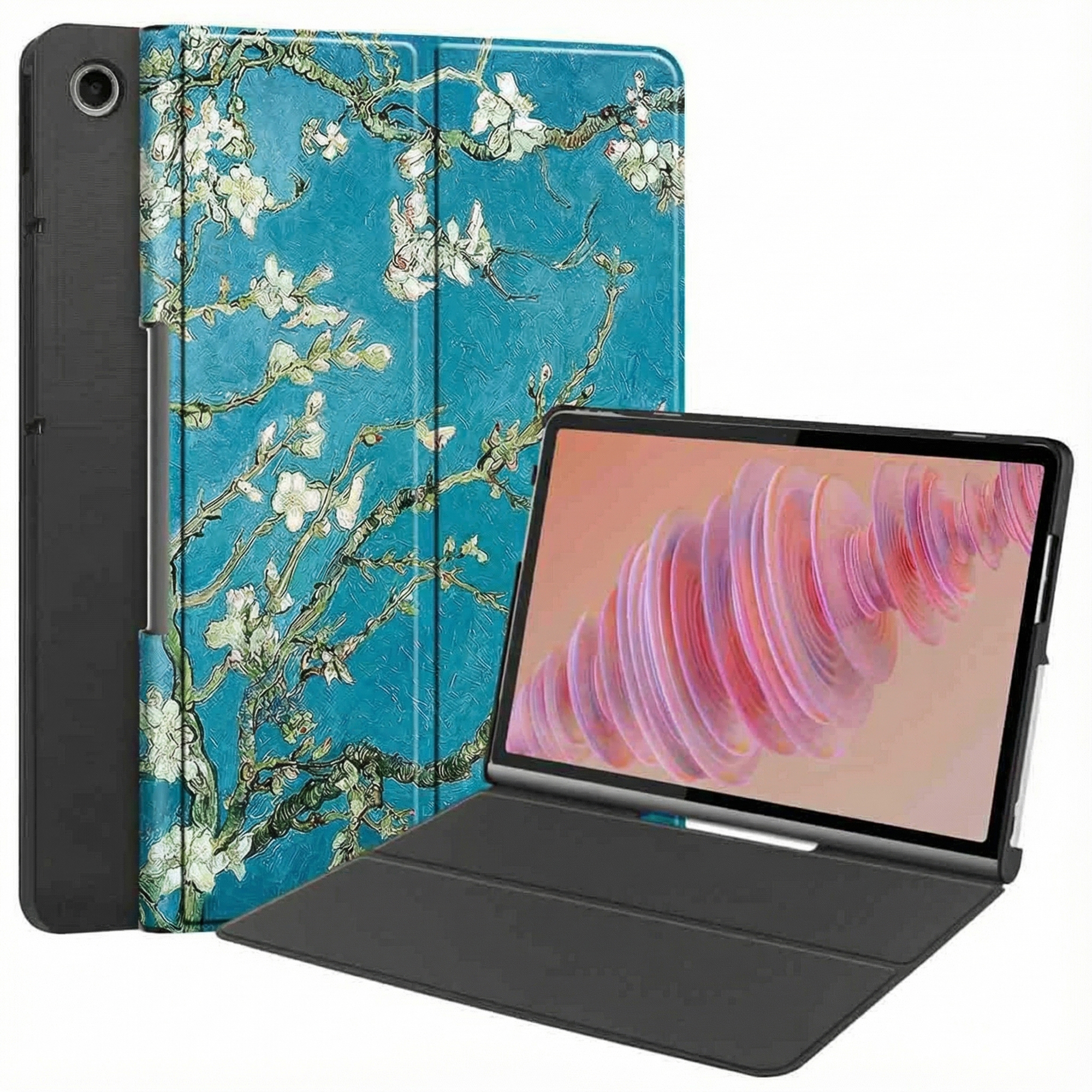 Tablet with a blue floral case, open to show screen. Black case and tablet are visible.