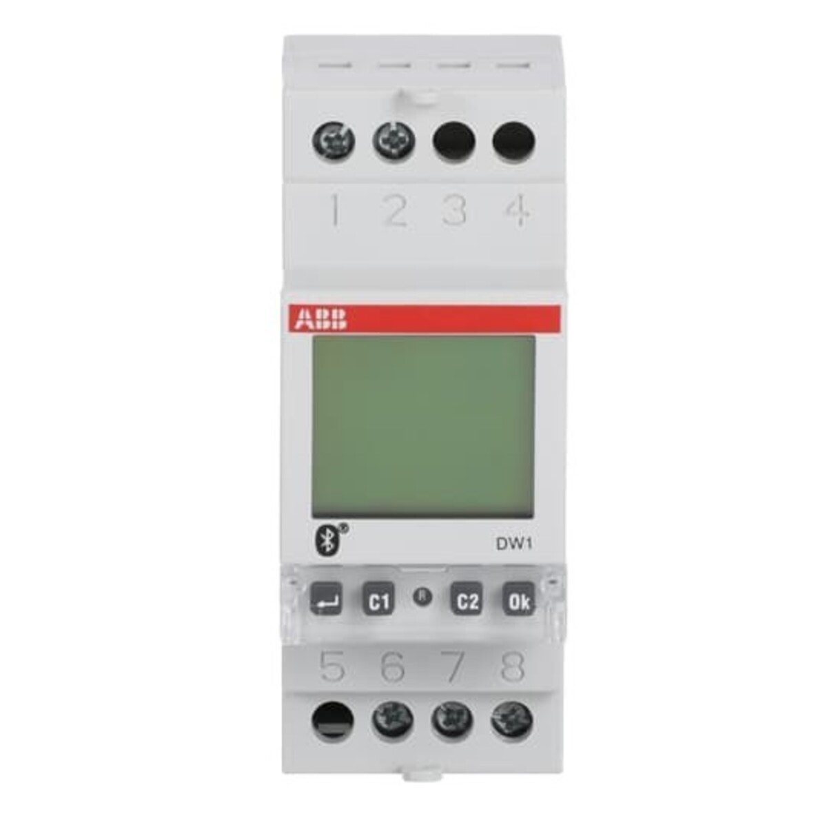 Un dispositivo elettrico bianco con schermo, pulsanti e punti di connessione. Ha il logo ABB e i numeri 1-8. Lo schermo è verde.