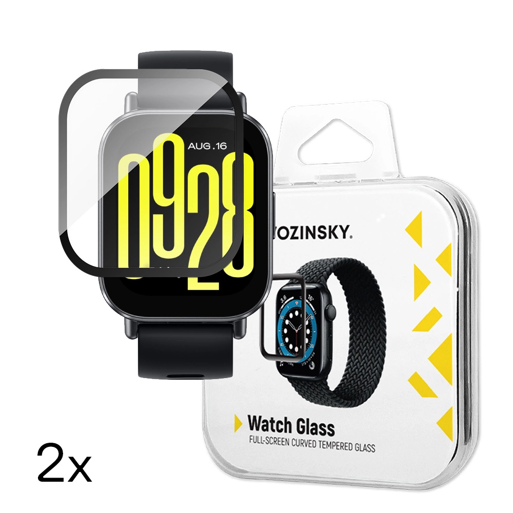 Smartwatch z ochraniaczem ekranu i opakowanie ze szkłem do zegarka. Zegarek pokazuje godzinę 19:20. Opakowanie ma zegarek.