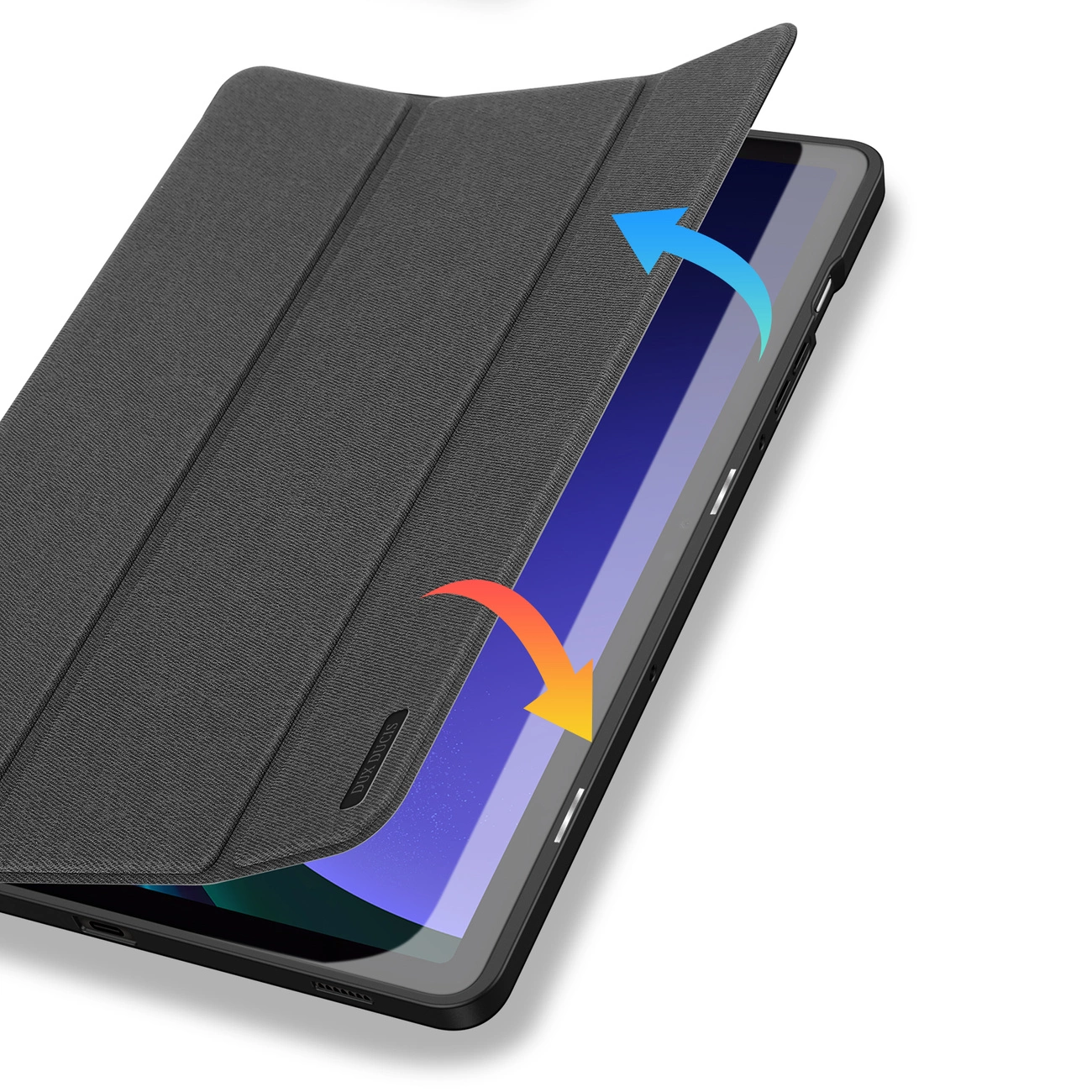Un tablet con custodia grigio scuro, la cover è aperta, mostrando lo schermo. Frecce blu e arancioni indicano l'apertura/chiusura.