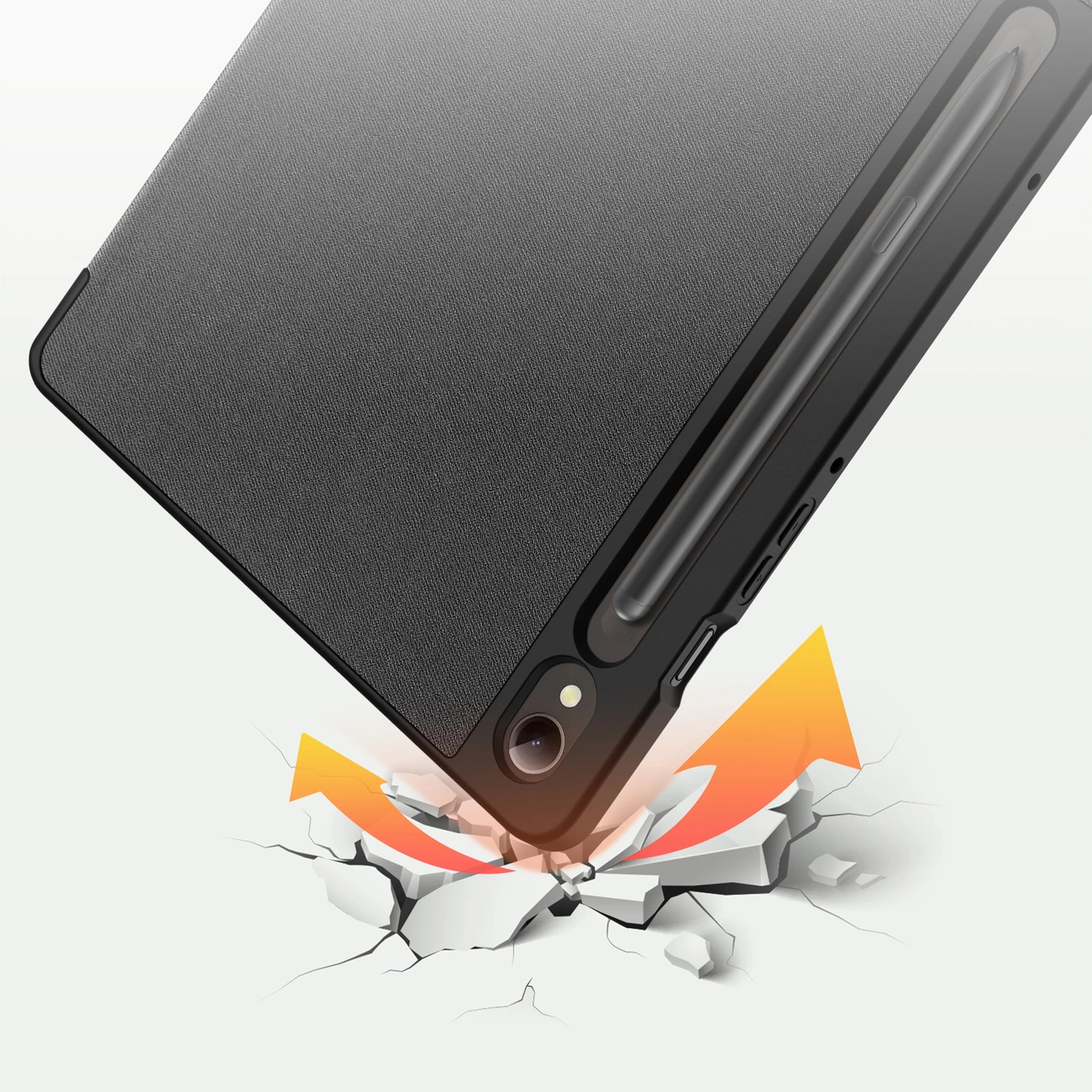 Una custodia per tablet con stilo sta cadendo, colpendo il suolo. L'impatto crea crepe e frecce arancioni indicano la forza.