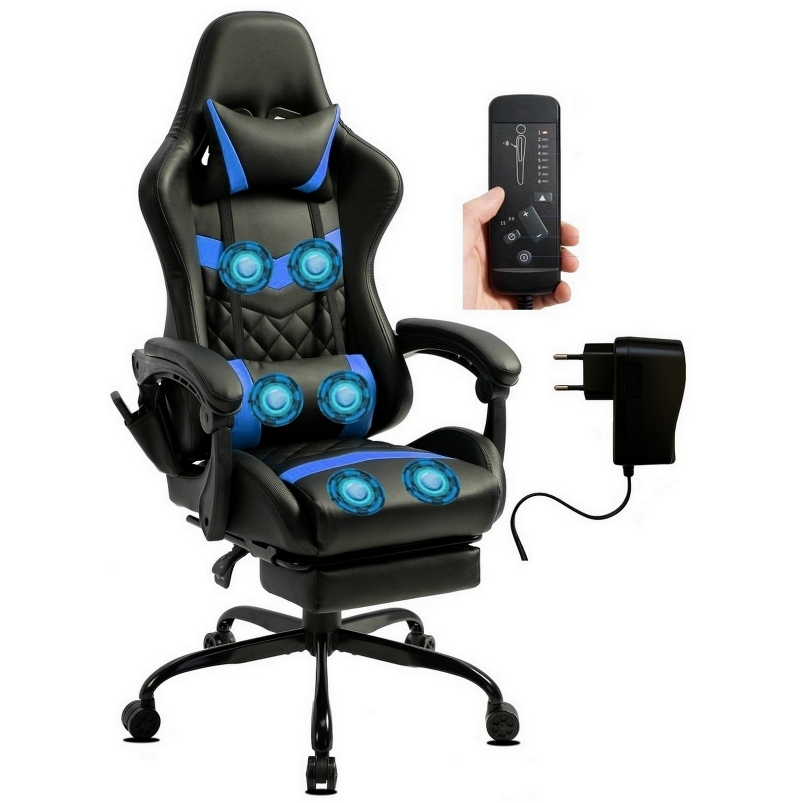 Ein schwarz-blauer Gaming-Stuhl mit Fernbedienung und Netzteil.