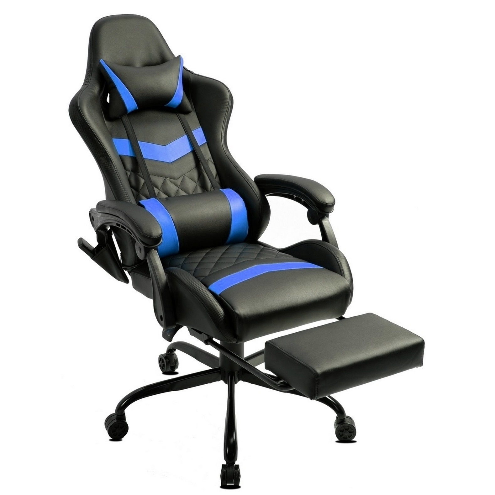 Schwarzer und blauer Gaming-Stuhl mit Fußstütze. Er hat blaue Akzente und steht auf weißem Hintergrund.