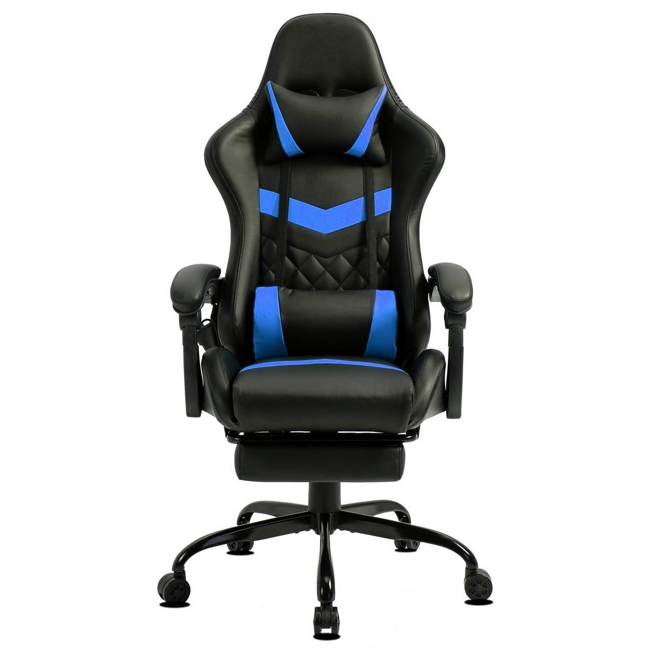Schwarzer und blauer Gaming-Stuhl auf weißem Hintergrund. Er hat Armlehnen, eine Kopfstütze und Räder.