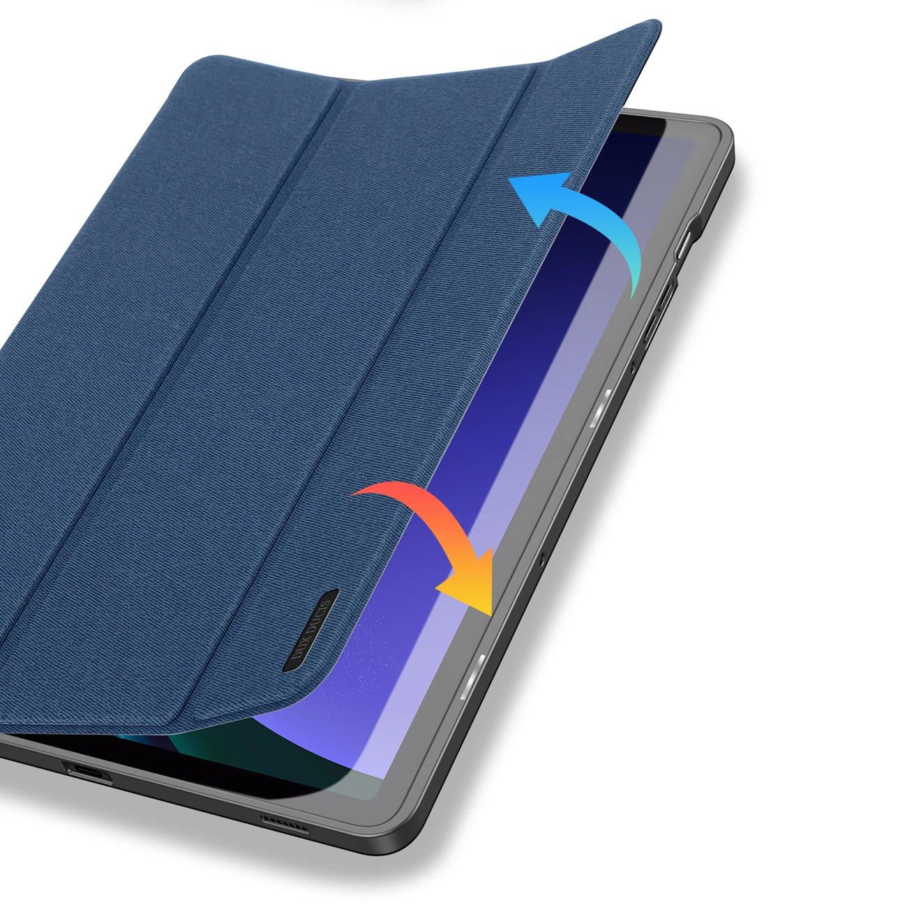 Una custodia blu per tablet è parzialmente aperta, rivelando lo schermo. Le frecce indicano l'apertura. La custodia ha una superficie strutturata.