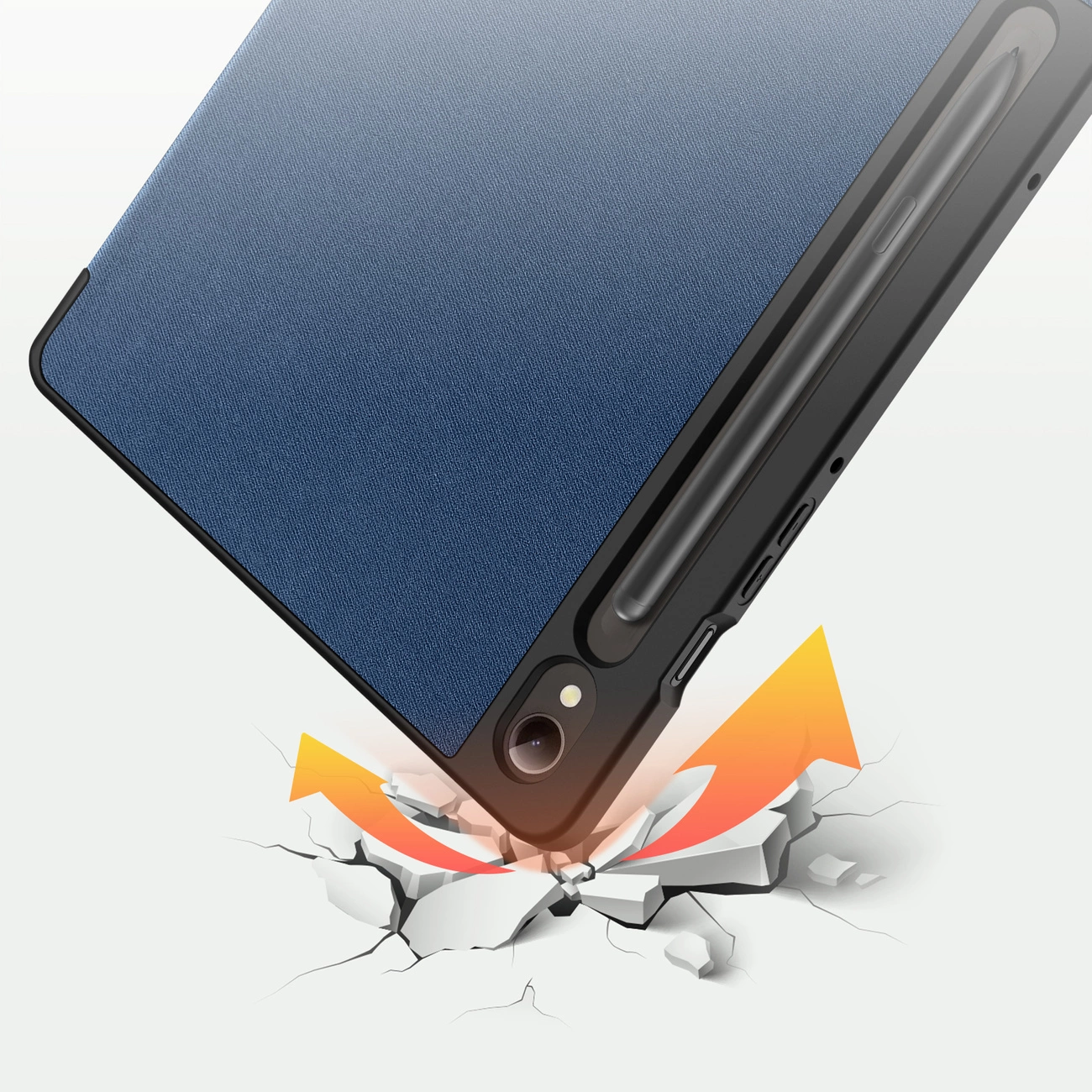 Tablet con custodia che cade, rompendo una superficie. Copertura blu, cornice nera, frecce arancioni che indicano l'impatto.