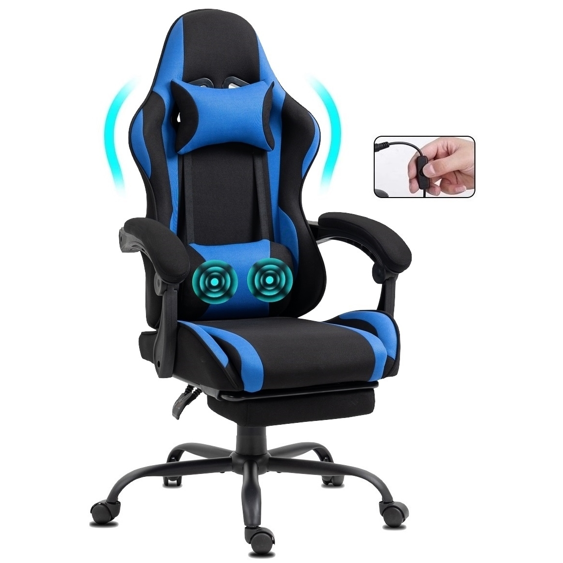 Ein schwarz-blauer Gaming-Stuhl mit Kopfstütze und Massage-Symbolen. Eine Hand hält das Netzkabel in einem kleinen inset Bild.