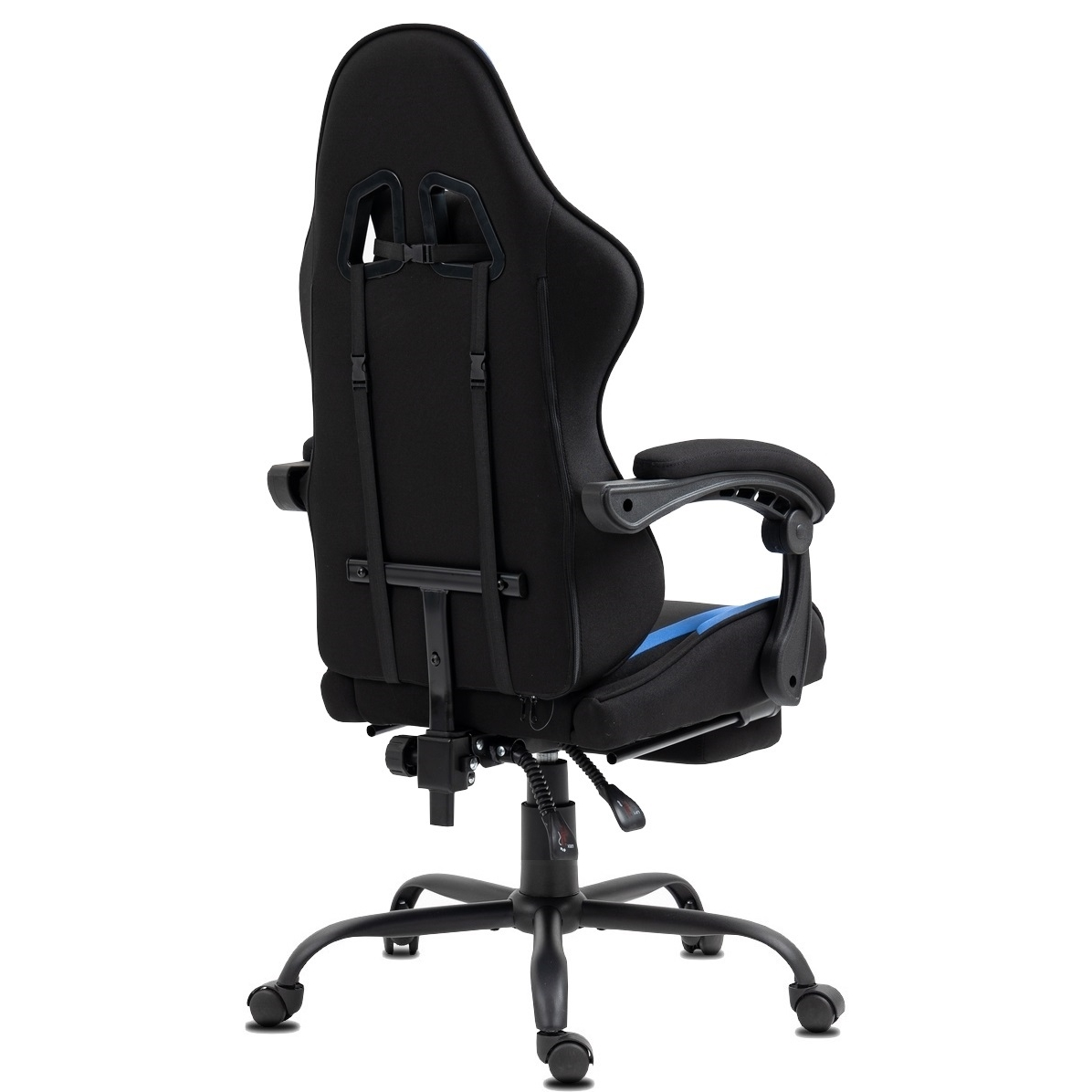Ein schwarz-blauer Gaming-Stuhl auf weißem Hintergrund. Der Stuhl wird von hinten betrachtet und zeigt Rückenlehne, Armlehnen und Untergestell.