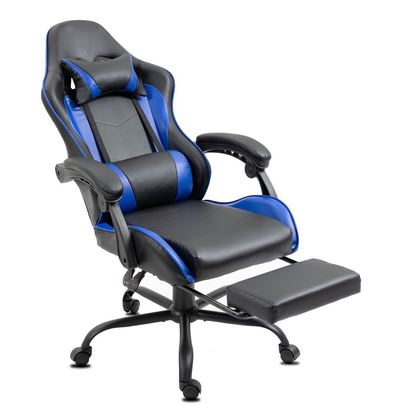 Ein Gaming-Stuhl mit schwarzen und blauen Akzenten. Mit Kopfstütze, Lendenwirbelstütze, Armlehnen und Fußstütze auf Rollen, vor weißem Hintergrund.
