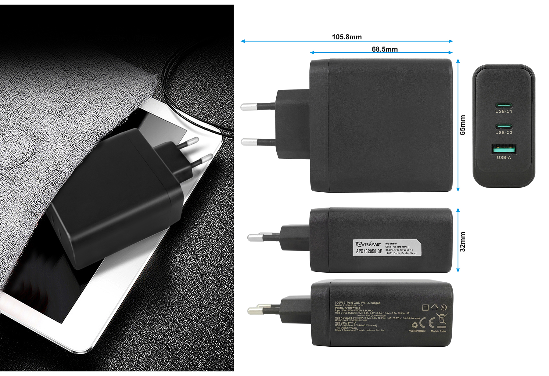 Ein schwarzes Wandladegerät mit angegebenen Maßen liegt auf einem Tablet. Es hat USB-C- und USB-A-Anschlüsse. Text zeigt Spezifikationen.
