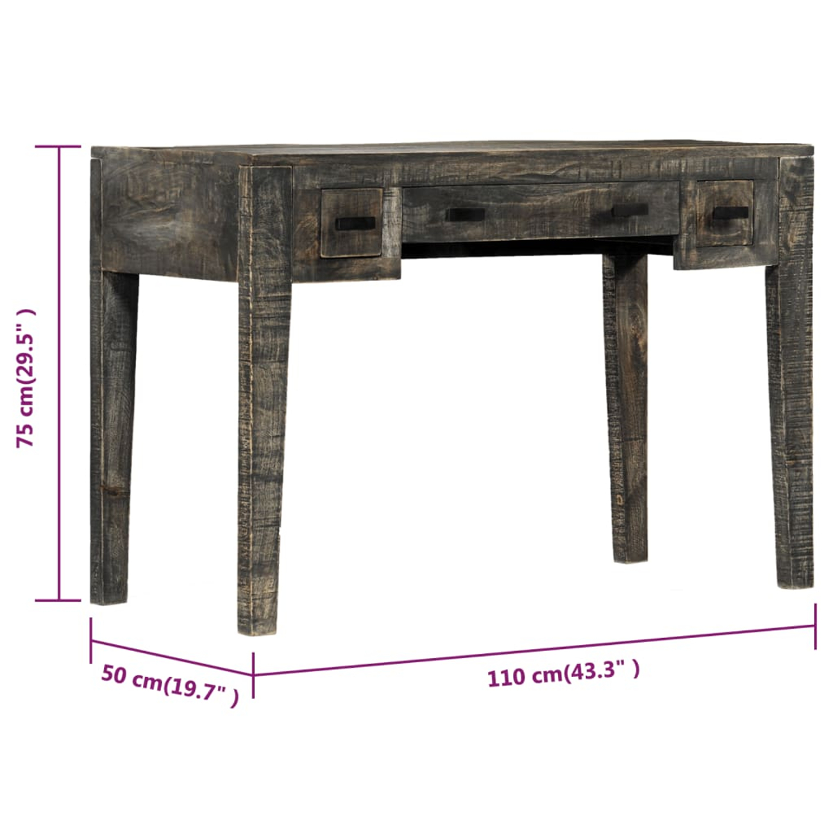 Ein dunkler Holzschreibtisch mit drei Schubladen und vier Beinen. Abmessungen: 75 cm hoch, 110 cm lang und 50 cm breit.