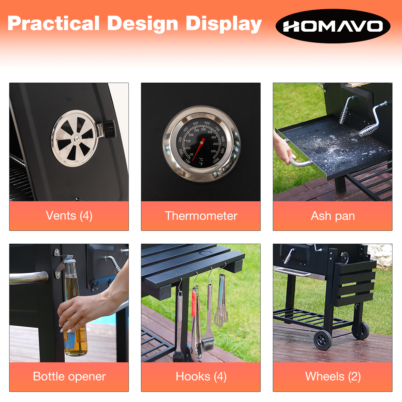 Obraz przedstawia części grilla: otwory wentylacyjne, termometr, popielnicę, otwieracz do butelek, haczyki i koła. Wszystko jest czarne i błyszczące.