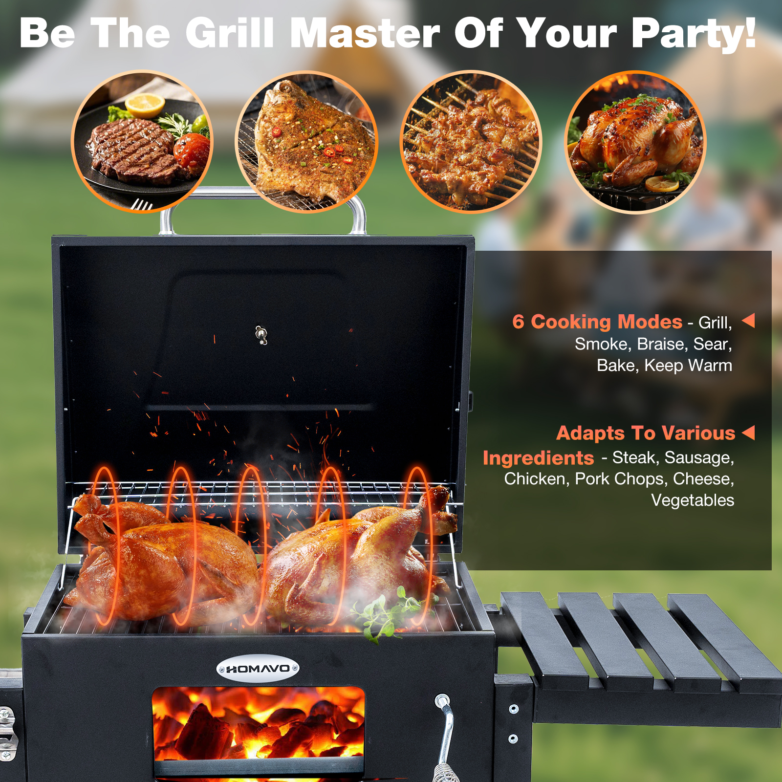 Grill z ugotowanym jedzeniem. Zawiera stek, kurczaka i kiełbasę. Tekst brzmi: „Zostań mistrzem grilla na swojej imprezie!'