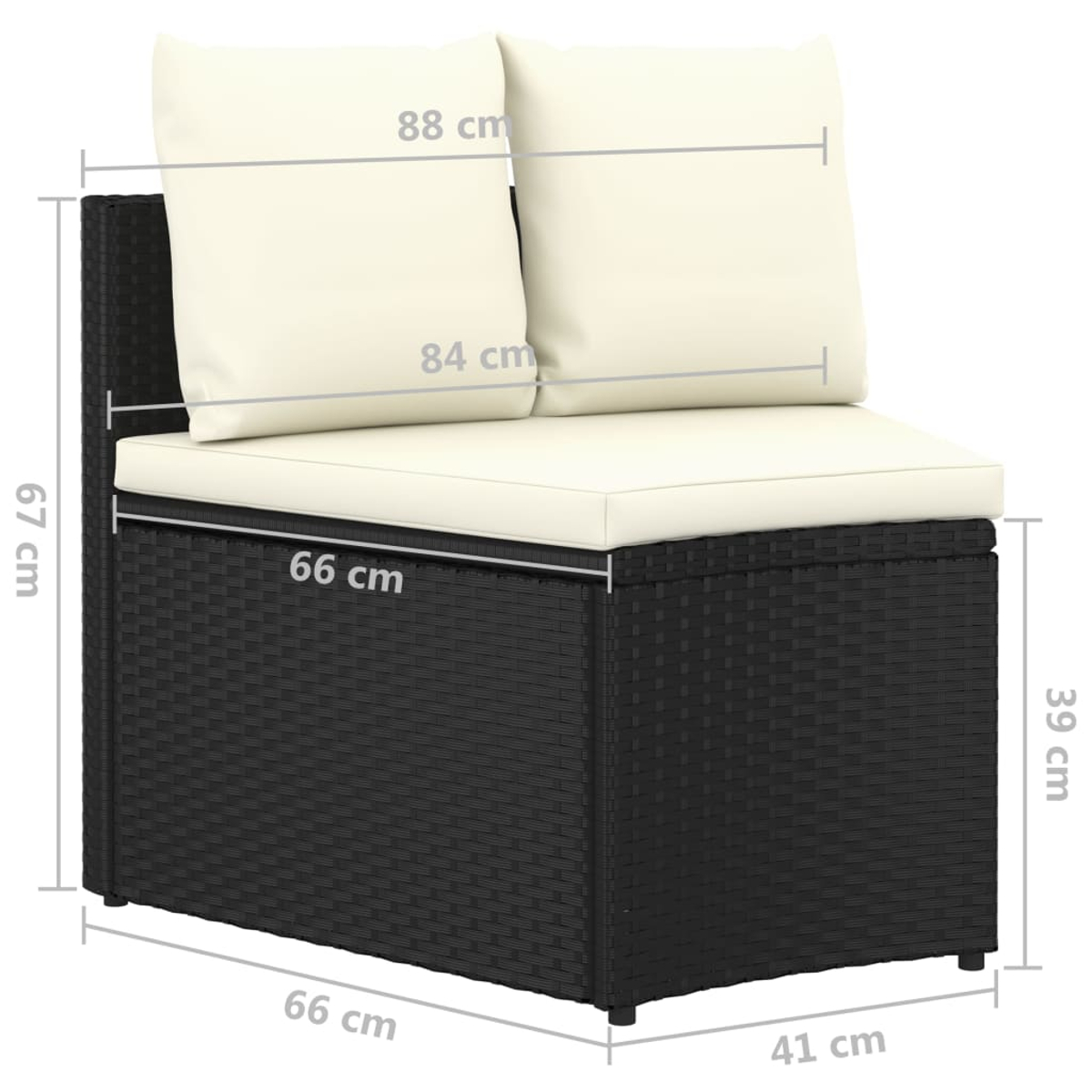 Ein schwarzes Outdoor-Sofa aus Korbgeflecht mit cremefarbenen Kissen. Maße: 66 cm Breite, 66 cm Tiefe, 67 cm Höhe und 39 cm Sitzhöhe.