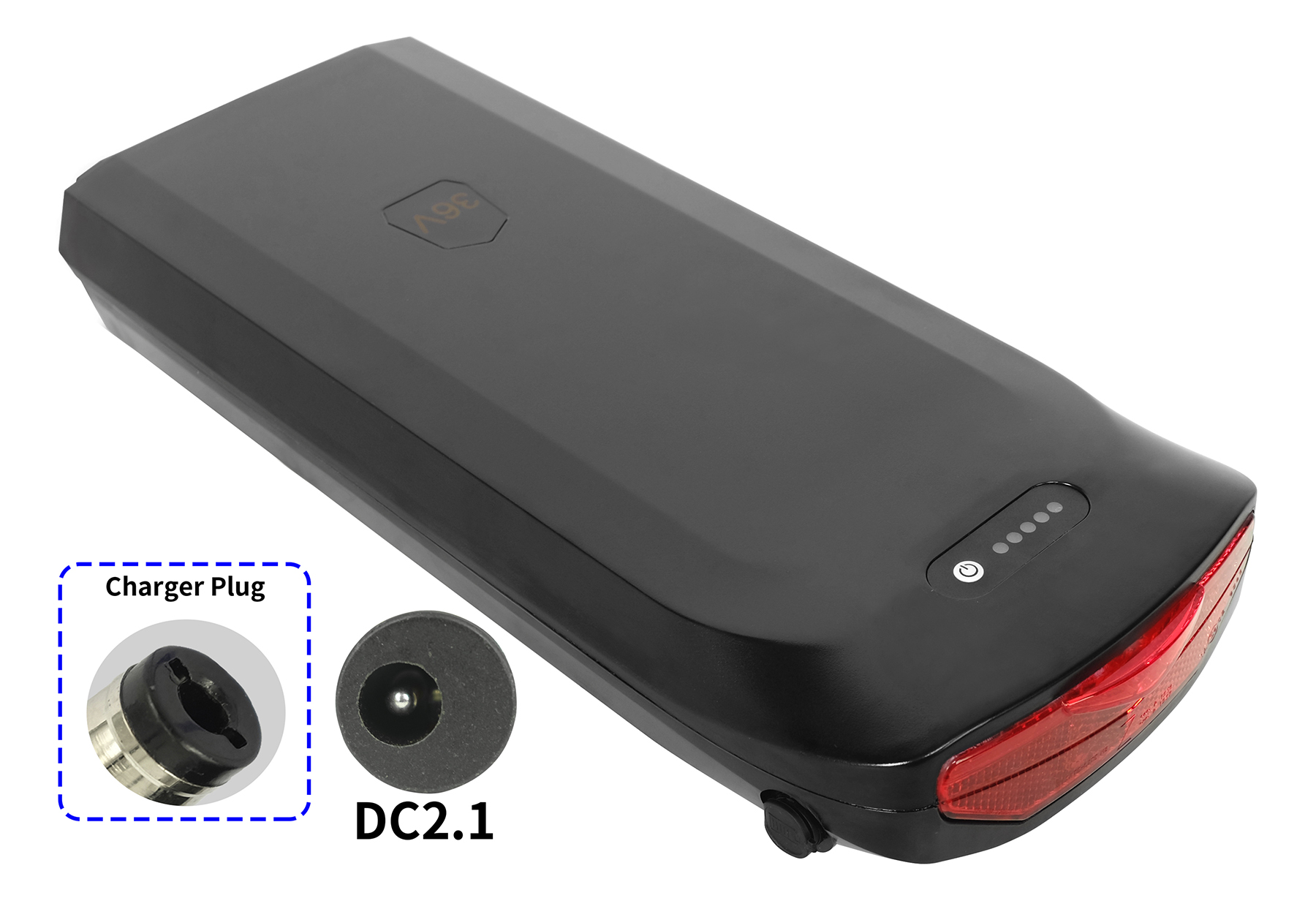 Schwarzer E-Bike-Akku mit 36V-Markierung. Enthält Ladestecker und DC2.1-Anschluss. Verfügt über eine Betriebsanzeige und ein rotes Licht.