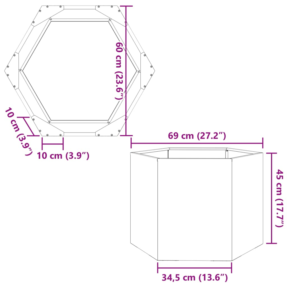 Diagramm eines sechseckigen Pflanzgefäßes mit Abmessungen in cm und Zoll. Draufsicht zeigt 60 cm breit. Seitenansicht ist 69 cm breit und 45 cm hoch.