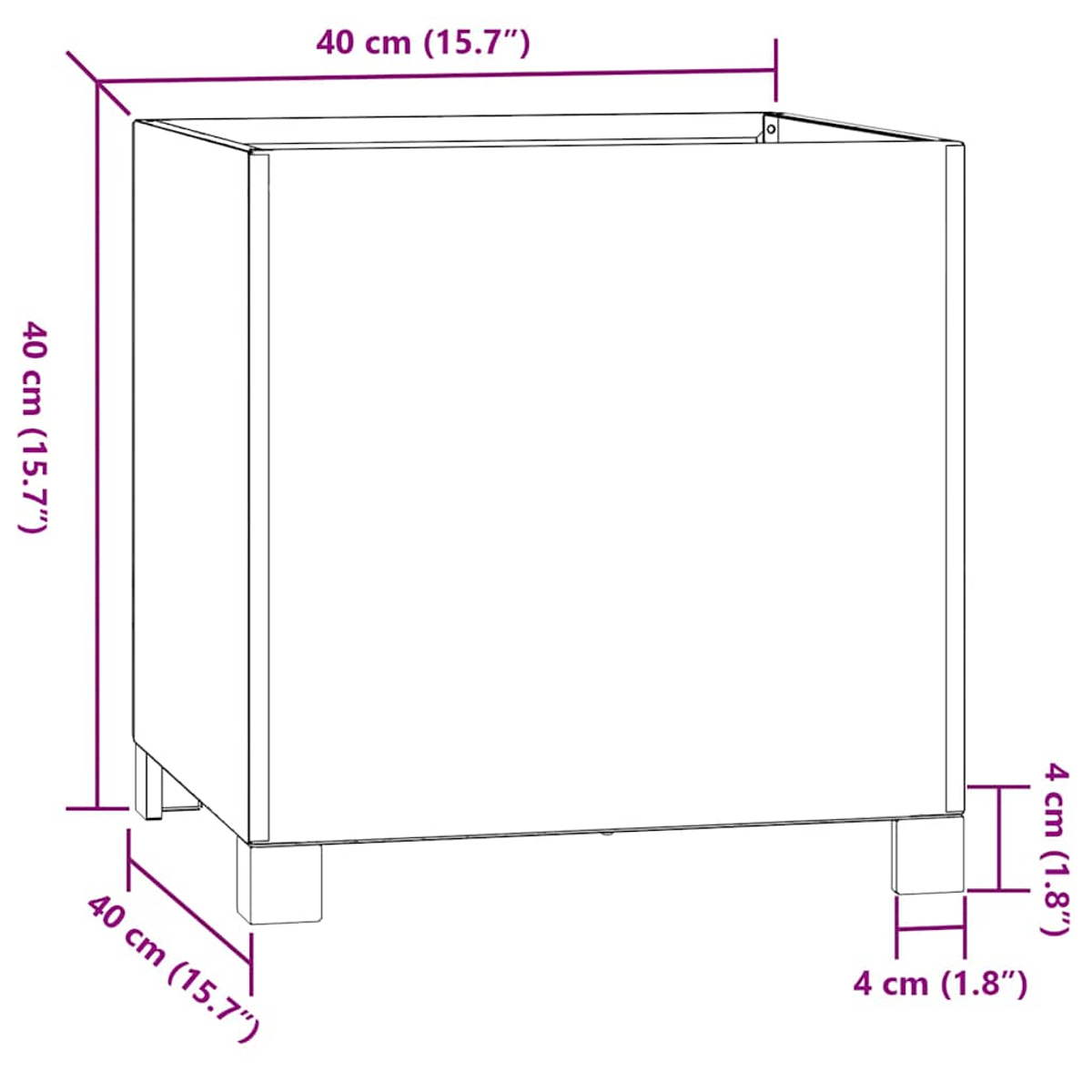 Ein weißer Schrank mit den Maßen: 40 cm (15,7") oben und an den Seiten, und 4 cm (1,8") für die Beine.
