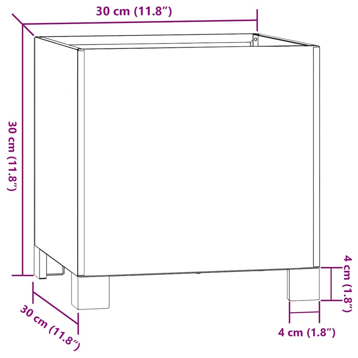 Ein quadratischer Schrank mit Maßen gezeichnet. Der Schrank ist 30 cm (11,8") breit und hoch. Er hat vier Beine, je 4 cm (1,8") hoch.