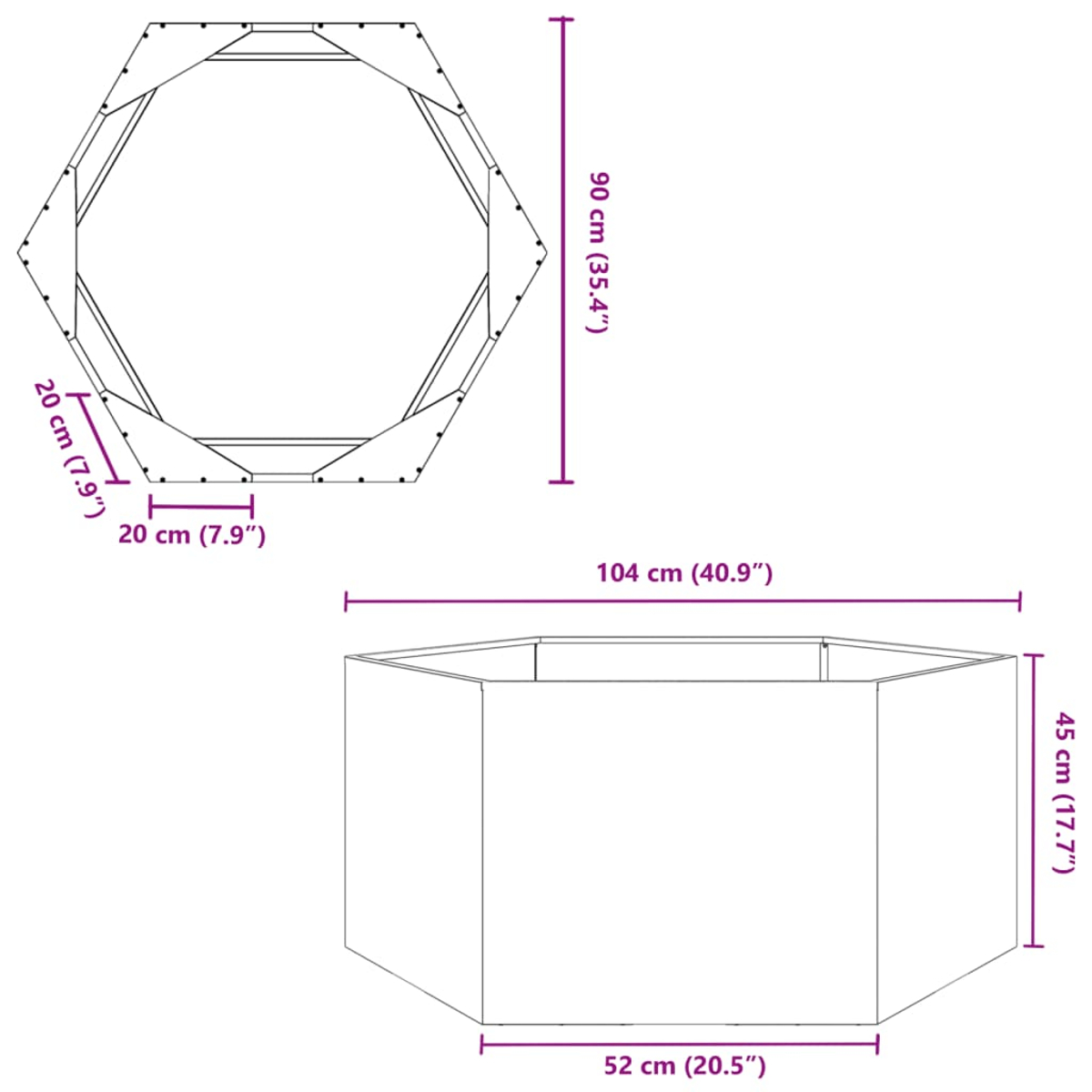Diagramm eines achteckigen Pflanzgefäßes. Draufsicht zeigt Abmessungen von 20 cm und 90 cm. Seitenansicht zeigt Abmessungen von 52 cm, 104 cm und 45 cm.