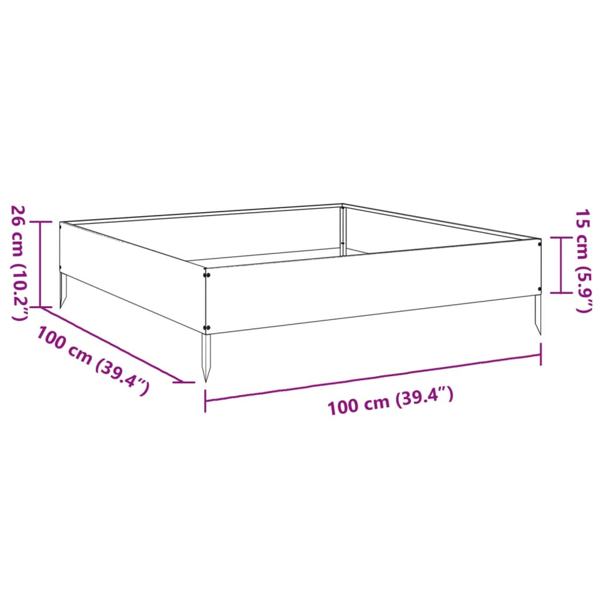 Ein quadratischer Holzpflanzer mit beschrifteten Abmessungen. Die Seiten sind 100 cm, 26 cm hoch und 15 cm hoch an den Beinen.