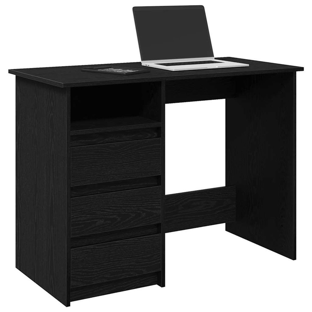 Ein schwarzer Schreibtisch mit Laptop, Tablet und Schubladen. Der Schreibtisch hat eine Holzstruktur.