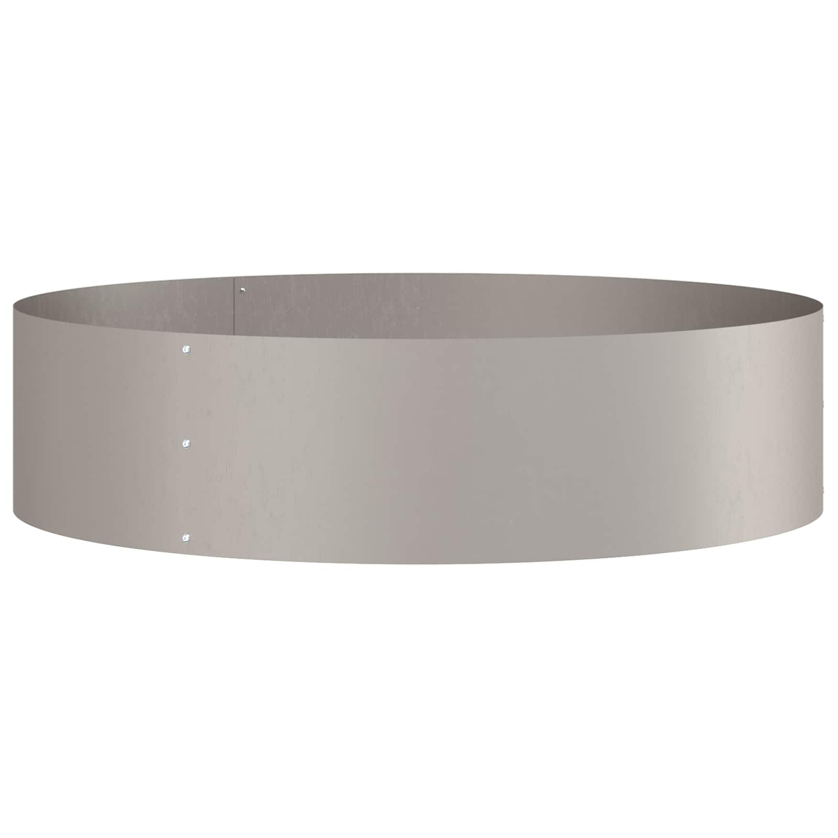 Un anello circolare in metallo grigio chiaro. Ha tre rivetti visibili sul lato, progettato per il giardino.