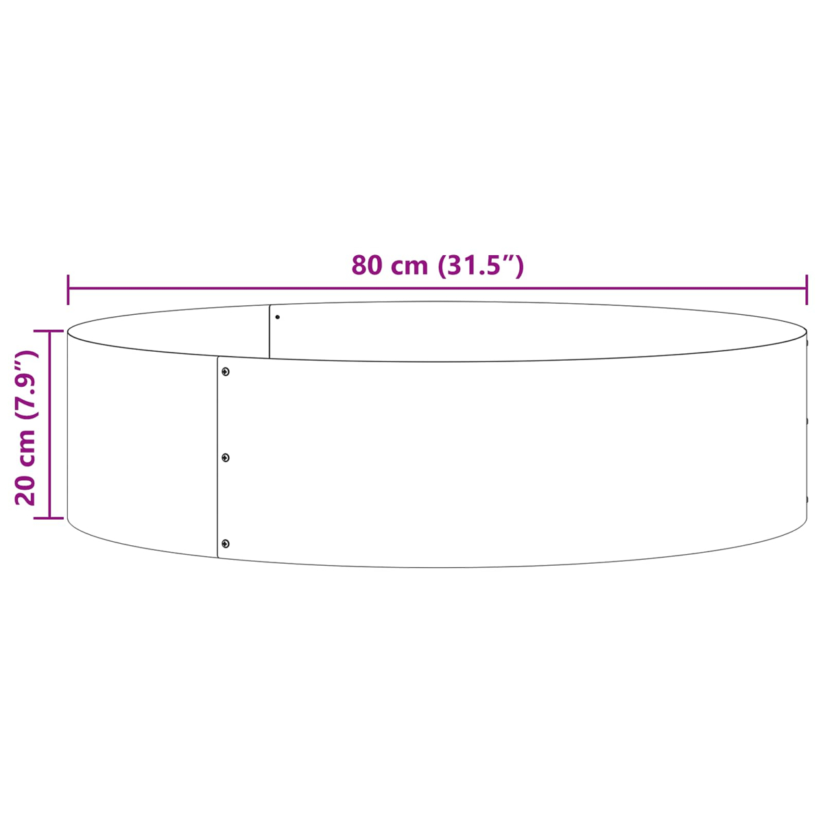 Una fioriera cilindrica bianca con dimensioni: 80 cm di diametro e 20 cm di altezza.