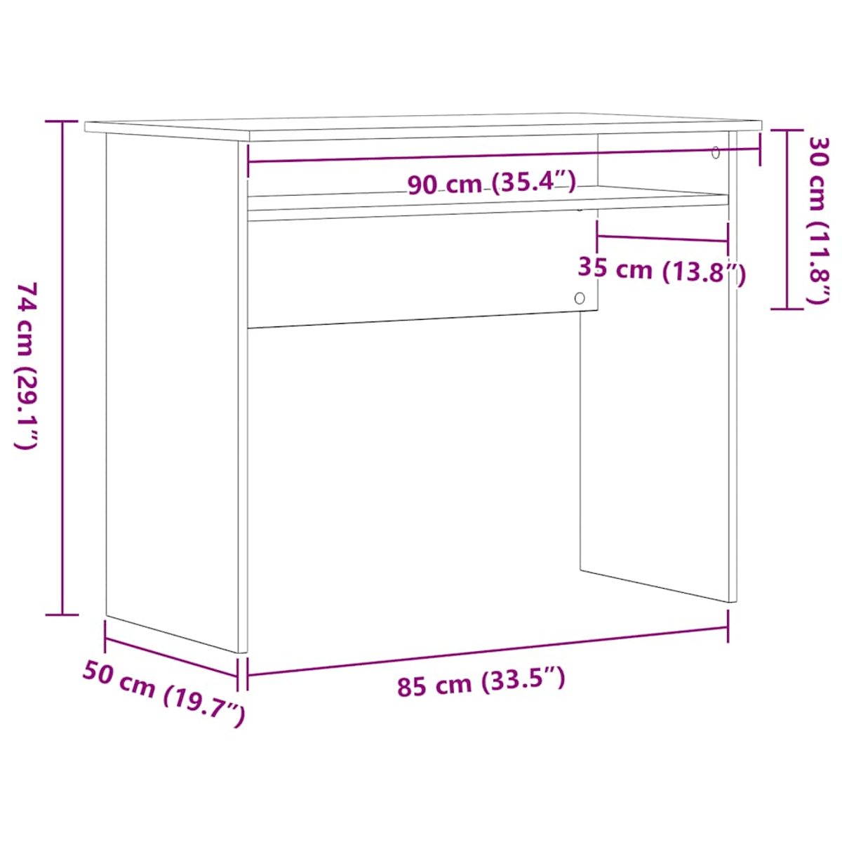 Ein weißer Schreibtisch mit in lila Linien beschrifteten Abmessungen: 74 cm Höhe, 90 cm Breite und 50 cm Tiefe. Details zu Regal und Tiefe.