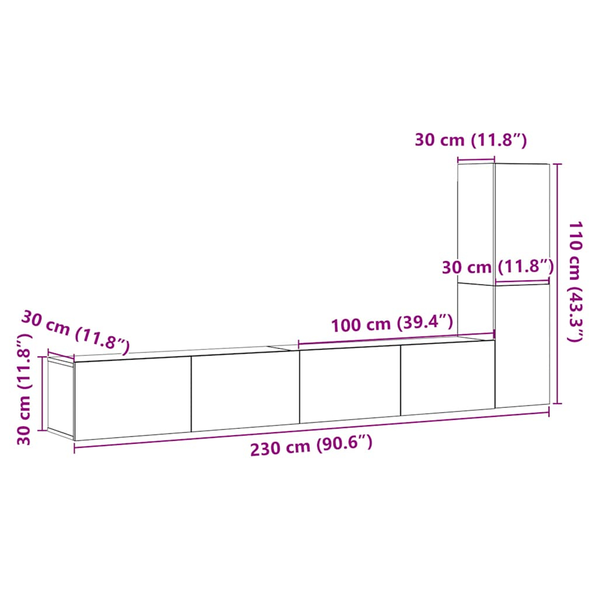Un juego de gabinetes blancos con dimensiones etiquetadas. La sección principal mide 230 cm de largo. Una sección vertical mide 110 cm de alto.