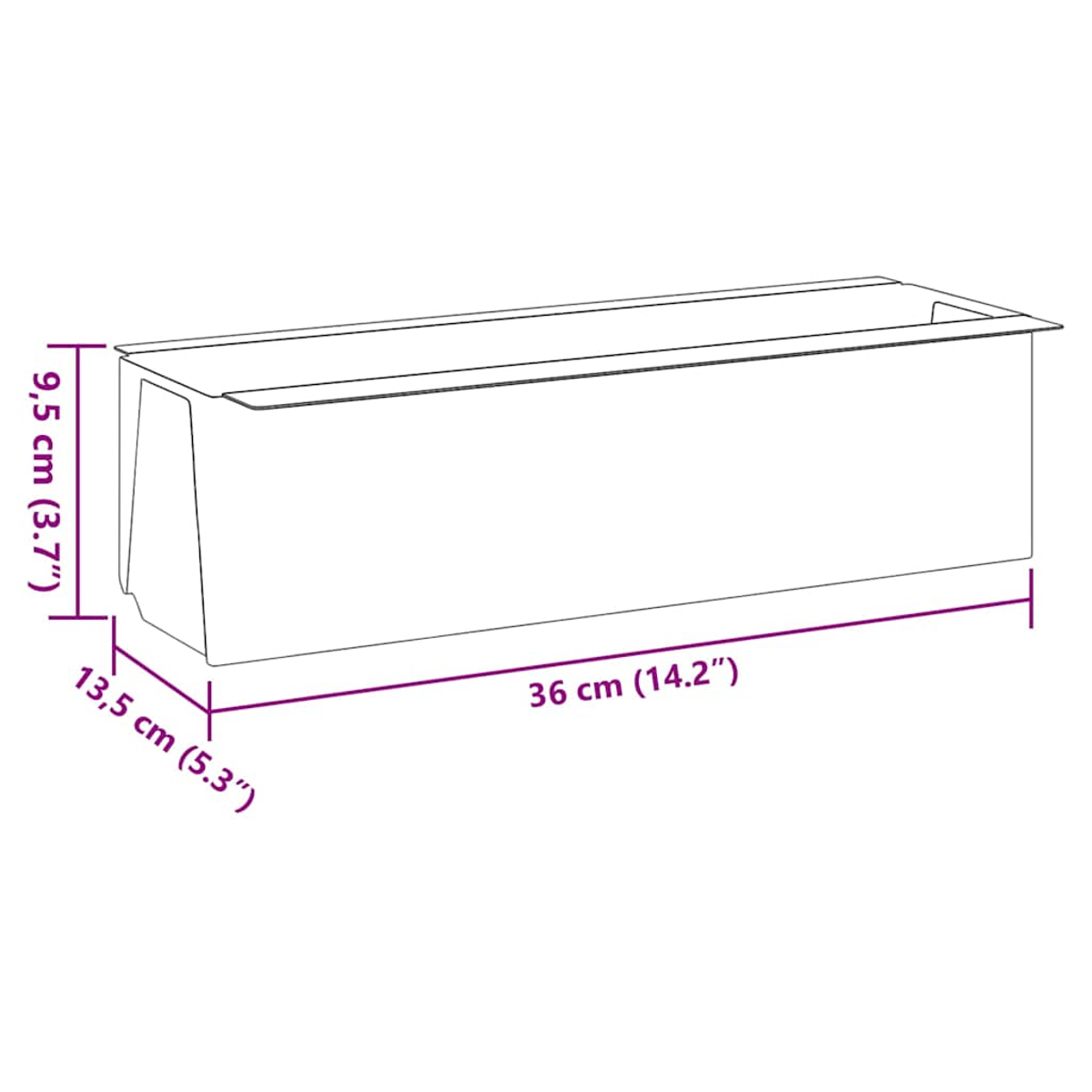 Ein weißer rechteckiger Behälter mit den angegebenen Maßen: 36 cm, 13,5 cm und 9,5 cm, mit Zollangaben.