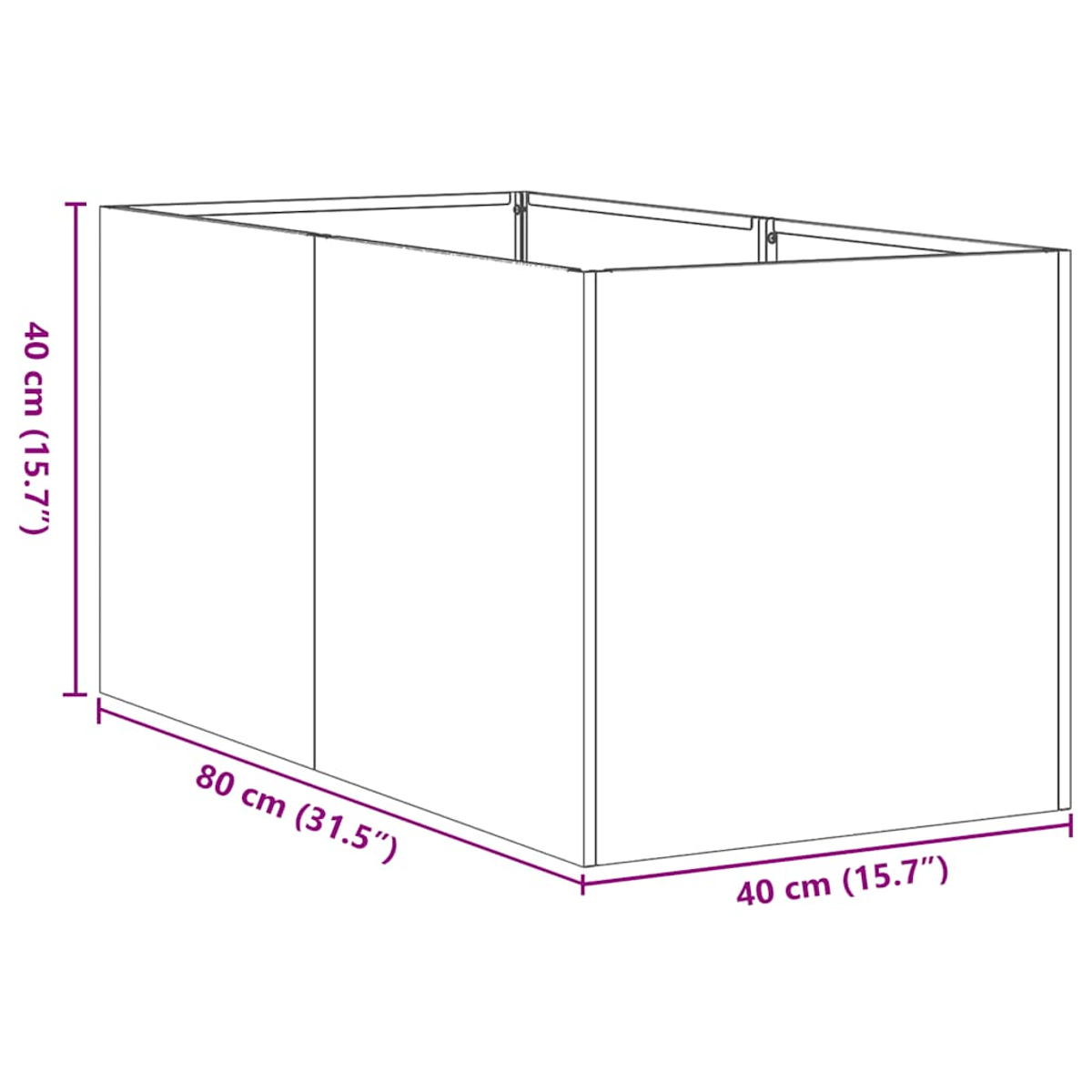 Eine rechteckige Box mit den angegebenen Maßen: 40 cm x 80 cm x 40 cm. Die Box ist schwarz umrandet, mit violetten Maßlinien.