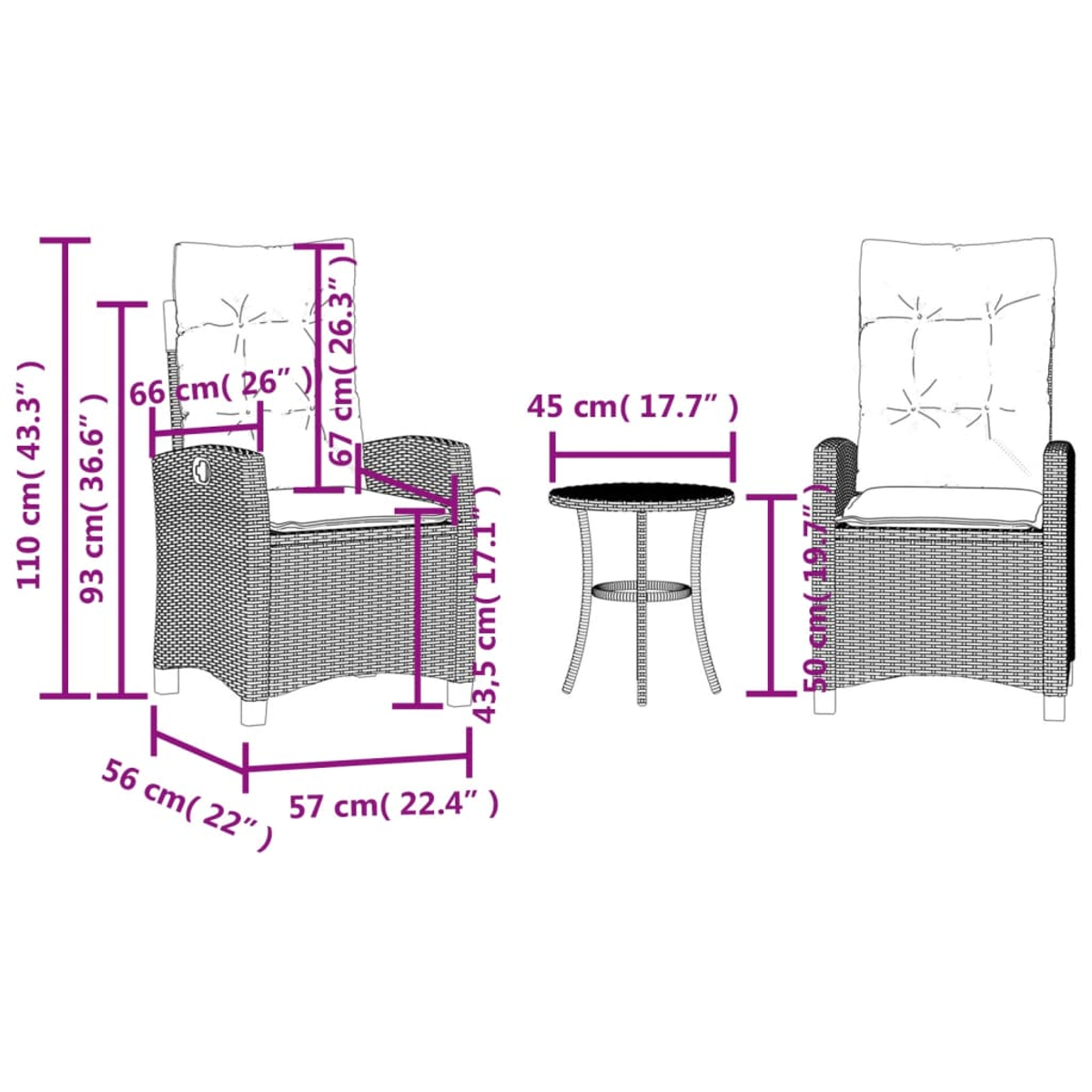 Zwei Korbstühle mit Kissen und ein kleiner Tisch, Abmessungen in Zentimetern und Zoll angegeben.